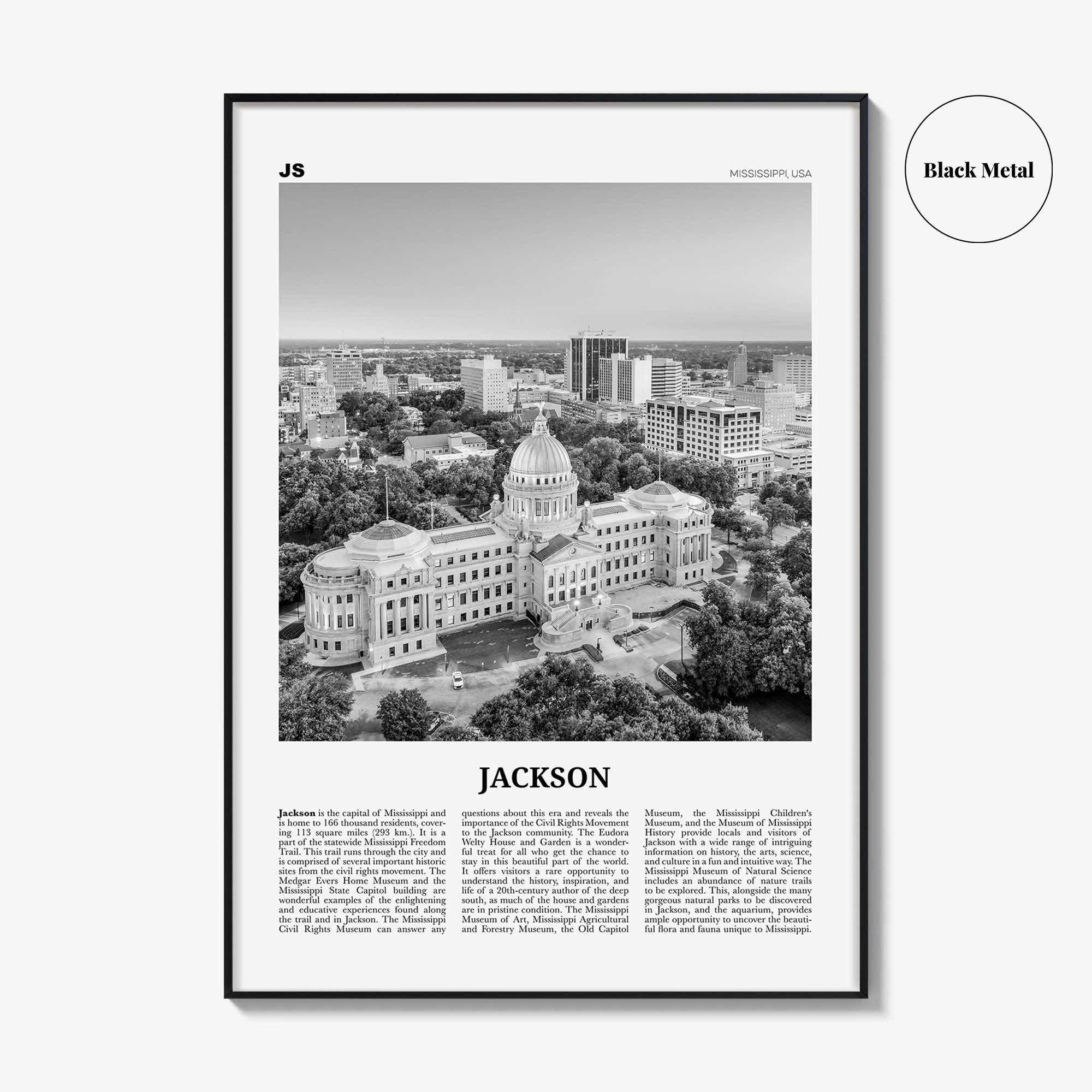 Jackson Print Black and White Mississippi No 1, Jackson Wall Art, Jackson Poster, Jackson Photo, Jackson Map, United States