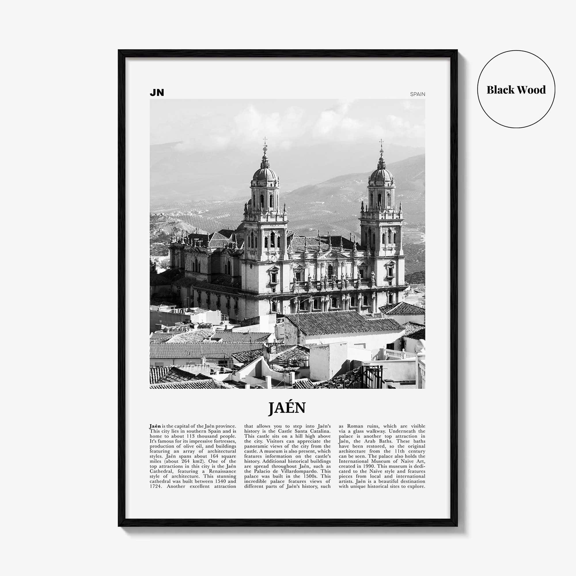Jaen Print Black and White, Jaen Wall Art, Jaen Poster, Jaen Photo, Jaen Wall Décor, Jaen Map, Spain