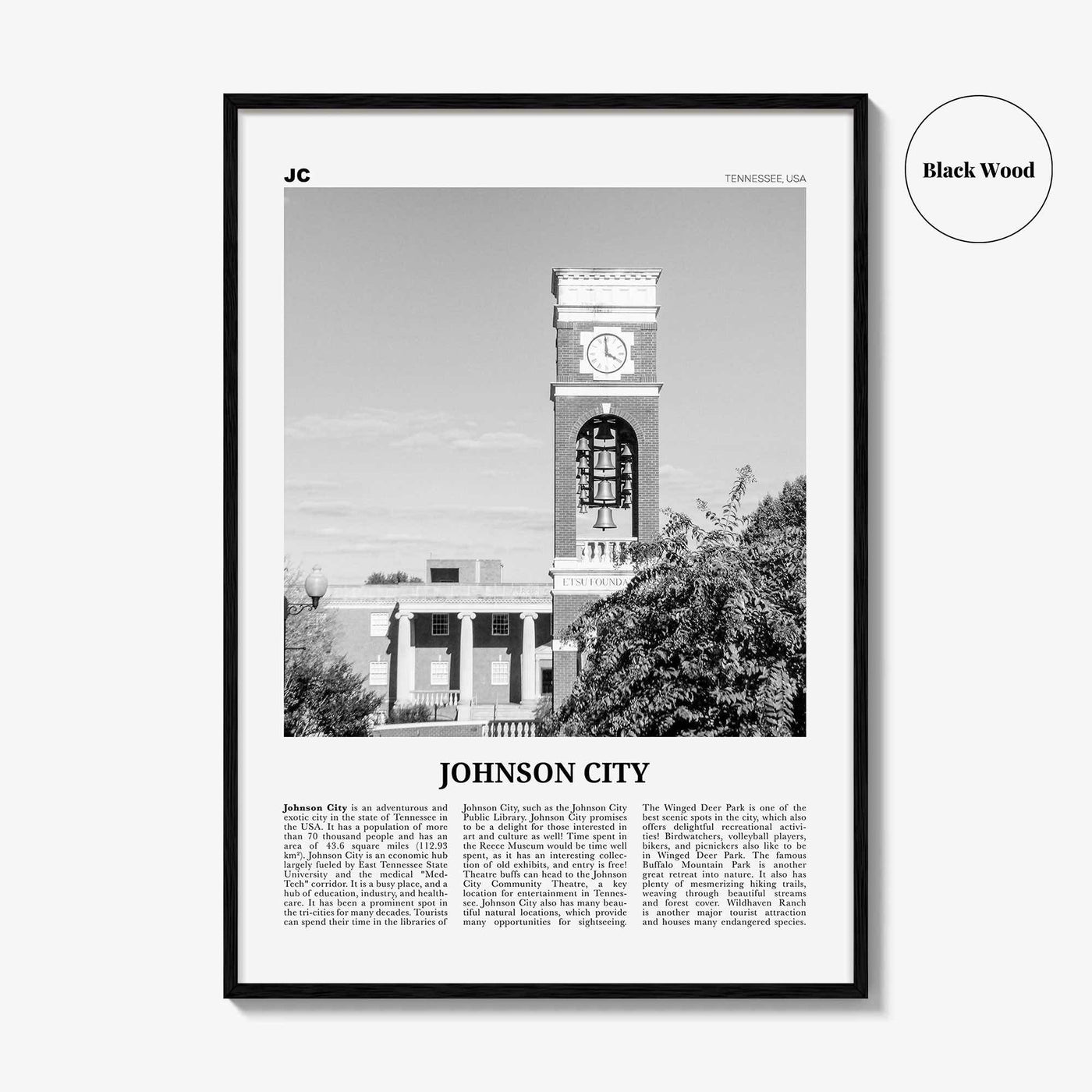 Johnson City Print Black and White, Johnson City Wall Art, Johnson City Poster, Johnson City Photo, Johnson City Map, Tennessee