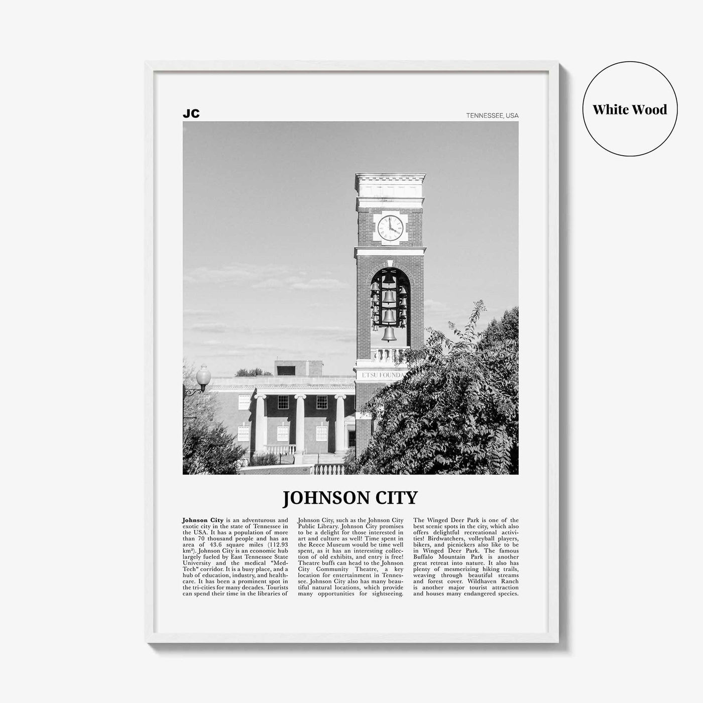 Johnson City Print Black and White, Johnson City Wall Art, Johnson City Poster, Johnson City Photo, Johnson City Map, Tennessee