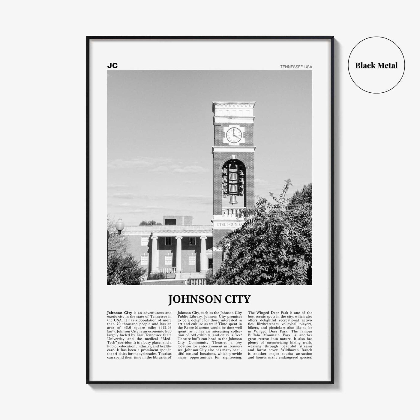 Johnson City Print Black and White, Johnson City Wall Art, Johnson City Poster, Johnson City Photo, Johnson City Map, Tennessee