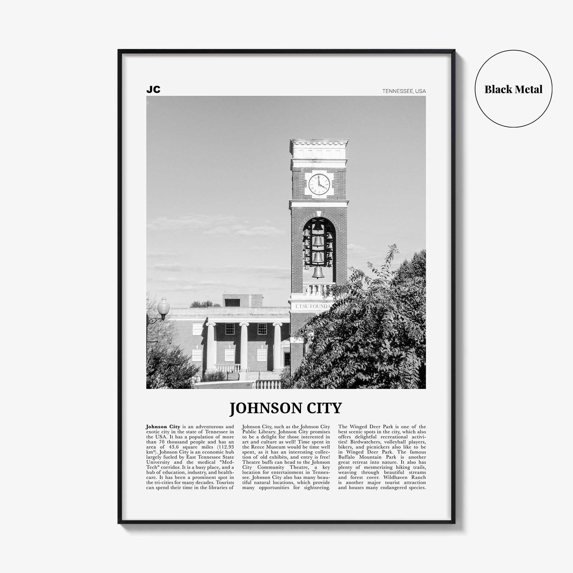 Johnson City Print Black and White, Johnson City Wall Art, Johnson City Poster, Johnson City Photo, Johnson City Map, Tennessee
