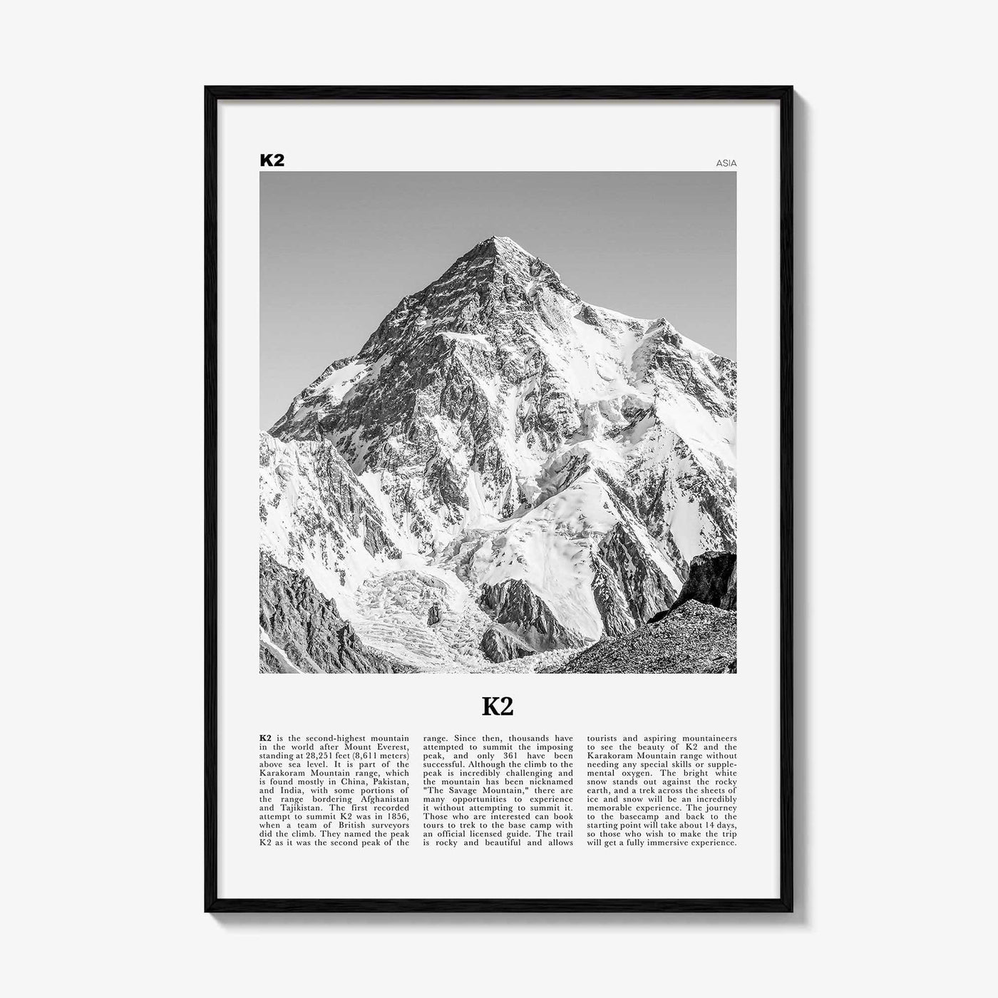 K2 Print Black and White, K2 Wall Art, K2 Poster, K2 Photo, Mount K2 Poster Print, Karakoram range, Gilgit-Baltistan