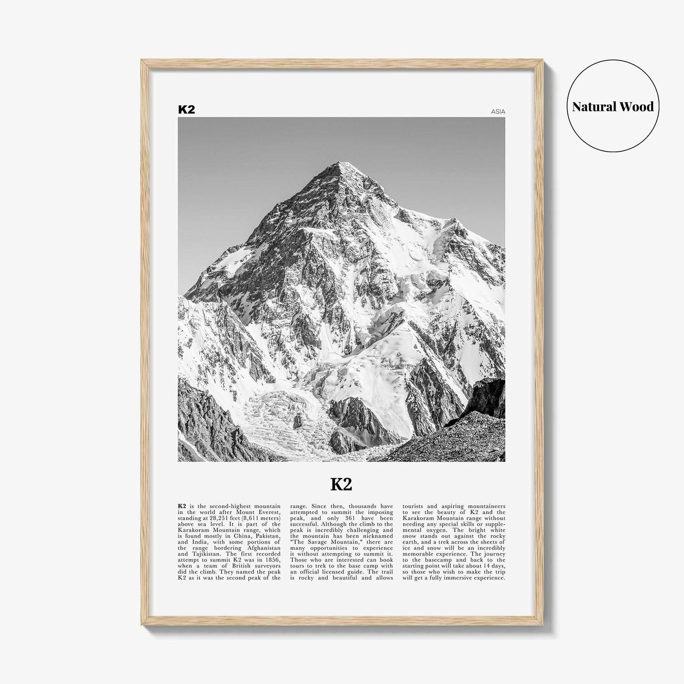 K2 Print Black and White, K2 Wall Art, K2 Poster, K2 Photo, Mount K2 Poster Print, Karakoram range, Gilgit-Baltistan