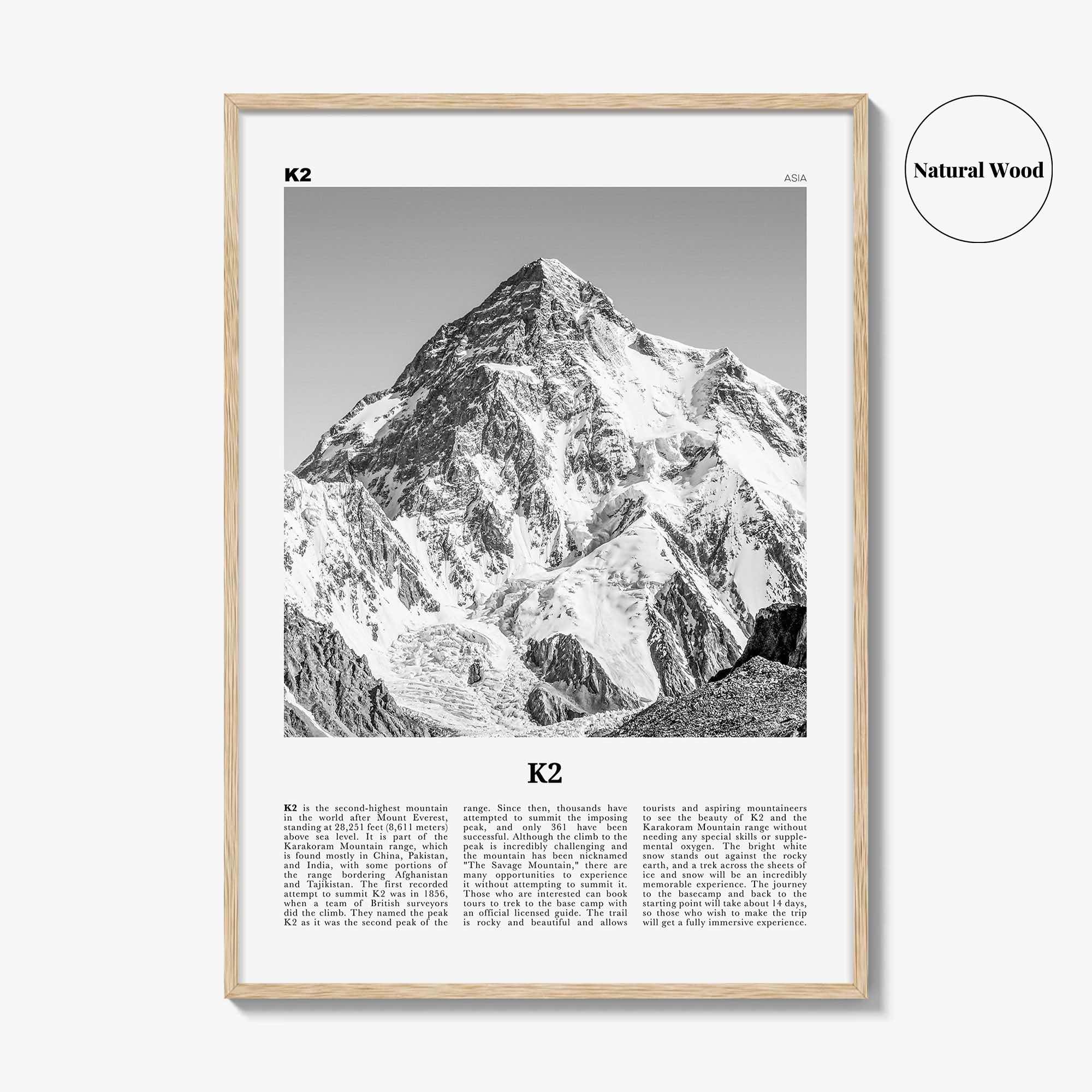 K2 Print Black and White, K2 Wall Art, K2 Poster, K2 Photo, Mount K2 Poster Print, Karakoram range, Gilgit-Baltistan