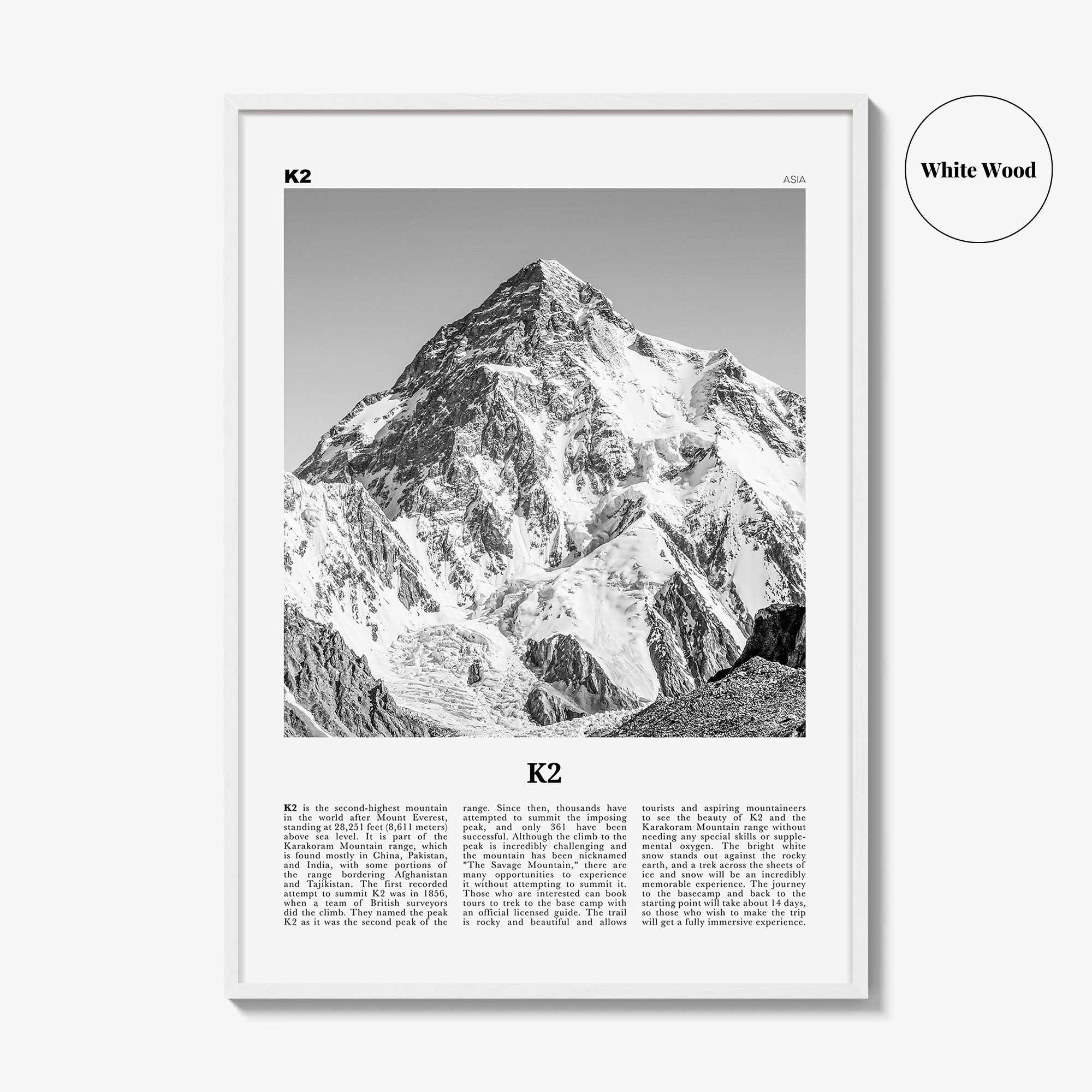 K2 Print Black and White, K2 Wall Art, K2 Poster, K2 Photo, Mount K2 Poster Print, Karakoram range, Gilgit-Baltistan