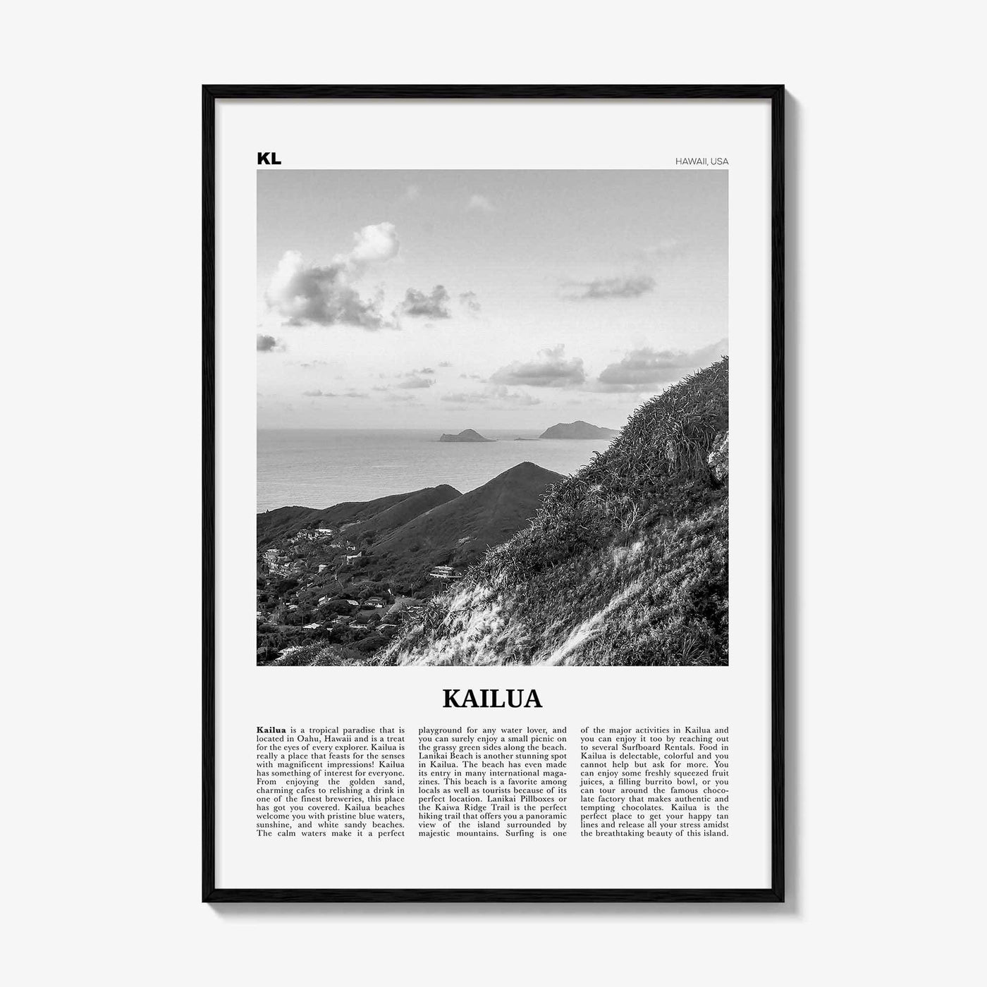Kailua Print Black and White, Kailua Wall Art, Kailua Poster, Kailua Photo, Kailua Wall Décor, Hawaii, USA, United States, North America