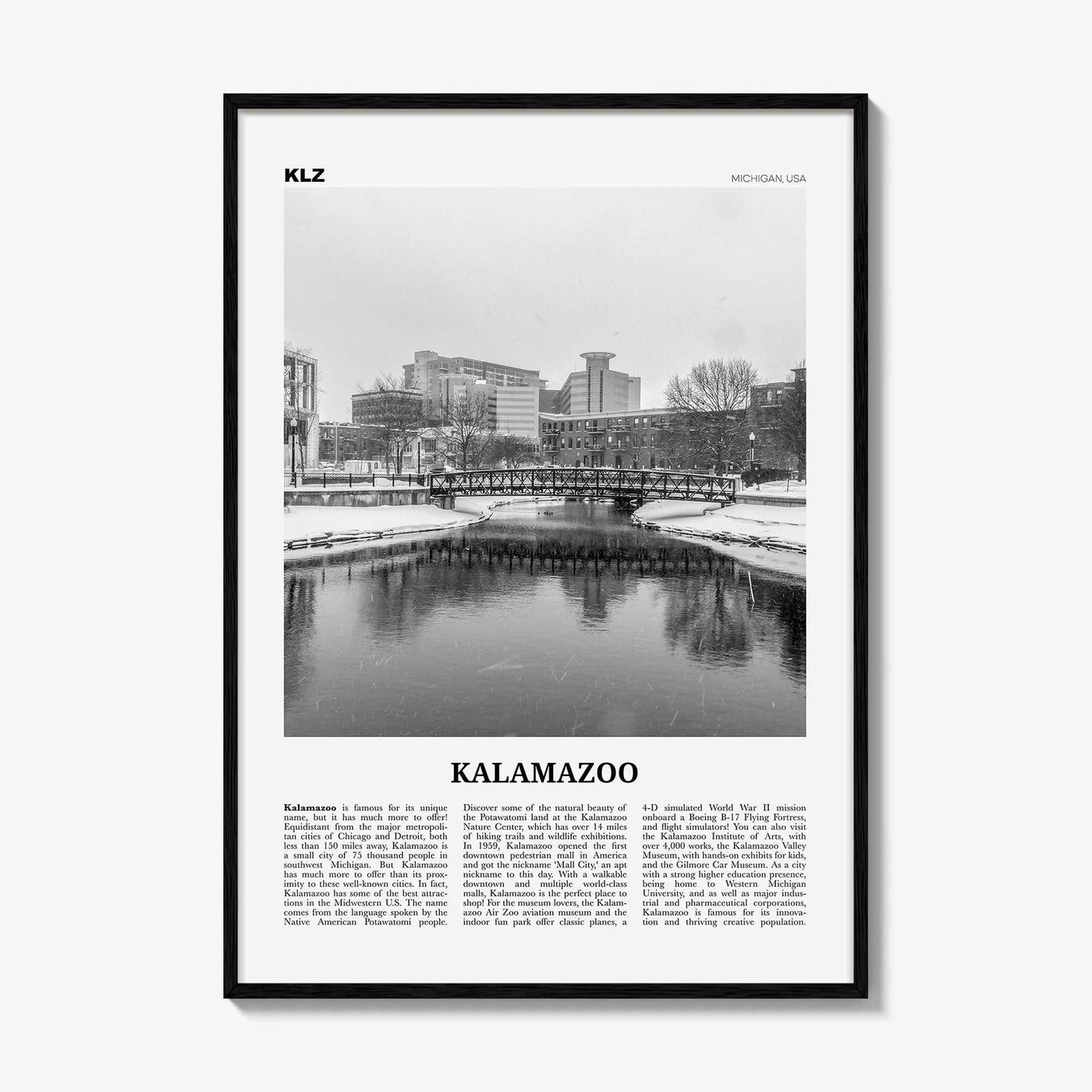 Kalamazoo Print Black and White, Kalamazoo Wall Art, Kalamazoo Poster, Kalamazoo Photo, Kalamazoo Wall Décor, Michigan, USA, United States