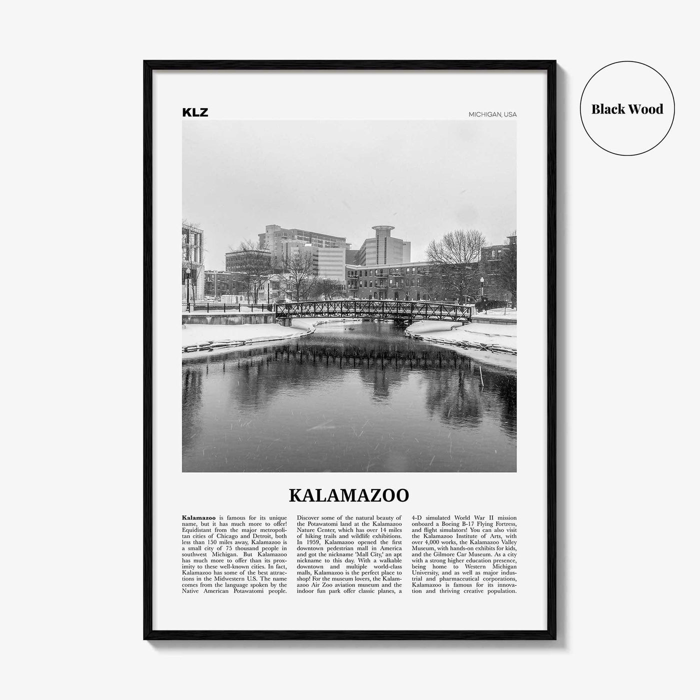 Kalamazoo Print Black and White, Kalamazoo Wall Art, Kalamazoo Poster, Kalamazoo Photo, Kalamazoo Wall Décor, Michigan, USA, United States