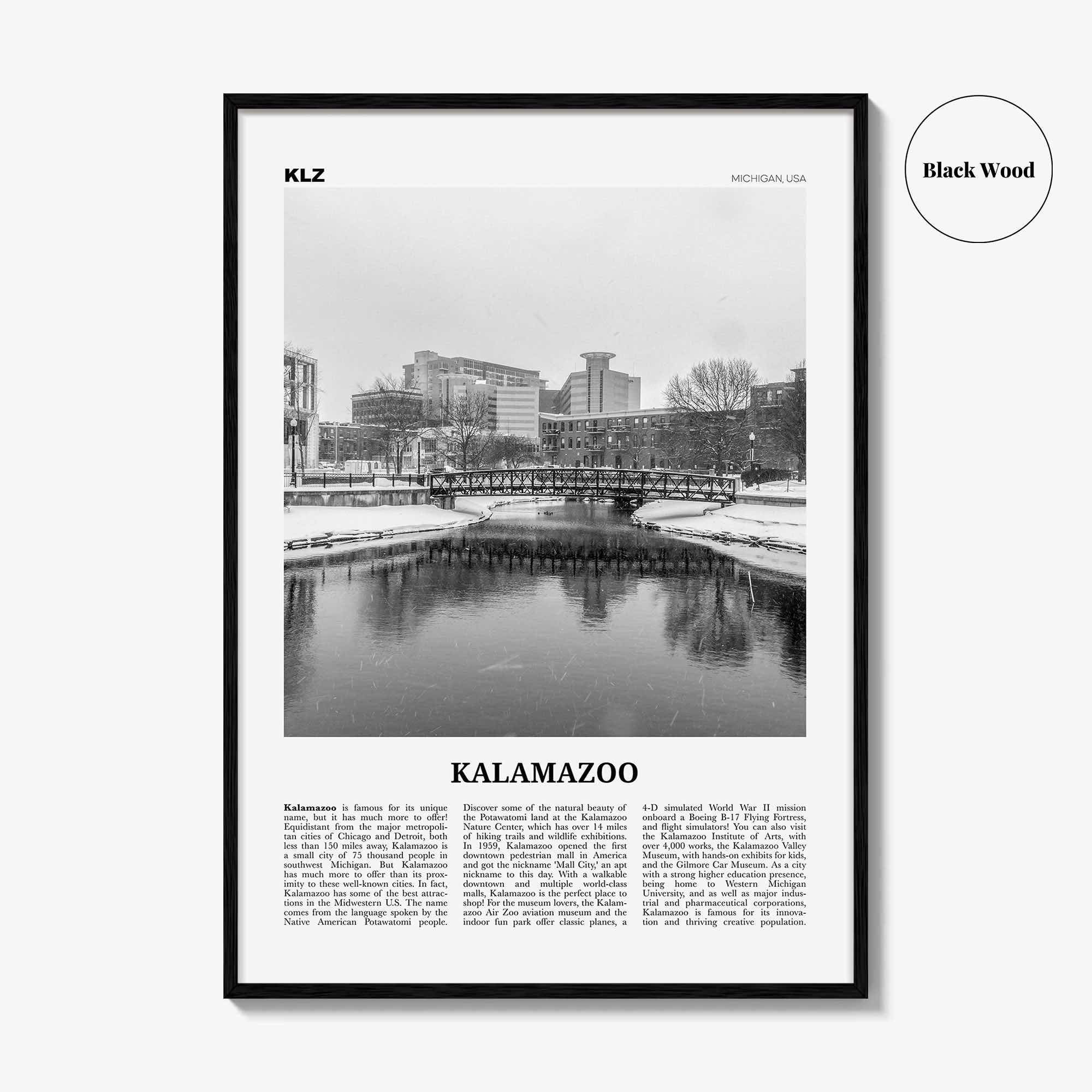 Kalamazoo Print Black and White, Kalamazoo Wall Art, Kalamazoo Poster, Kalamazoo Photo, Kalamazoo Wall Décor, Michigan, USA, United States