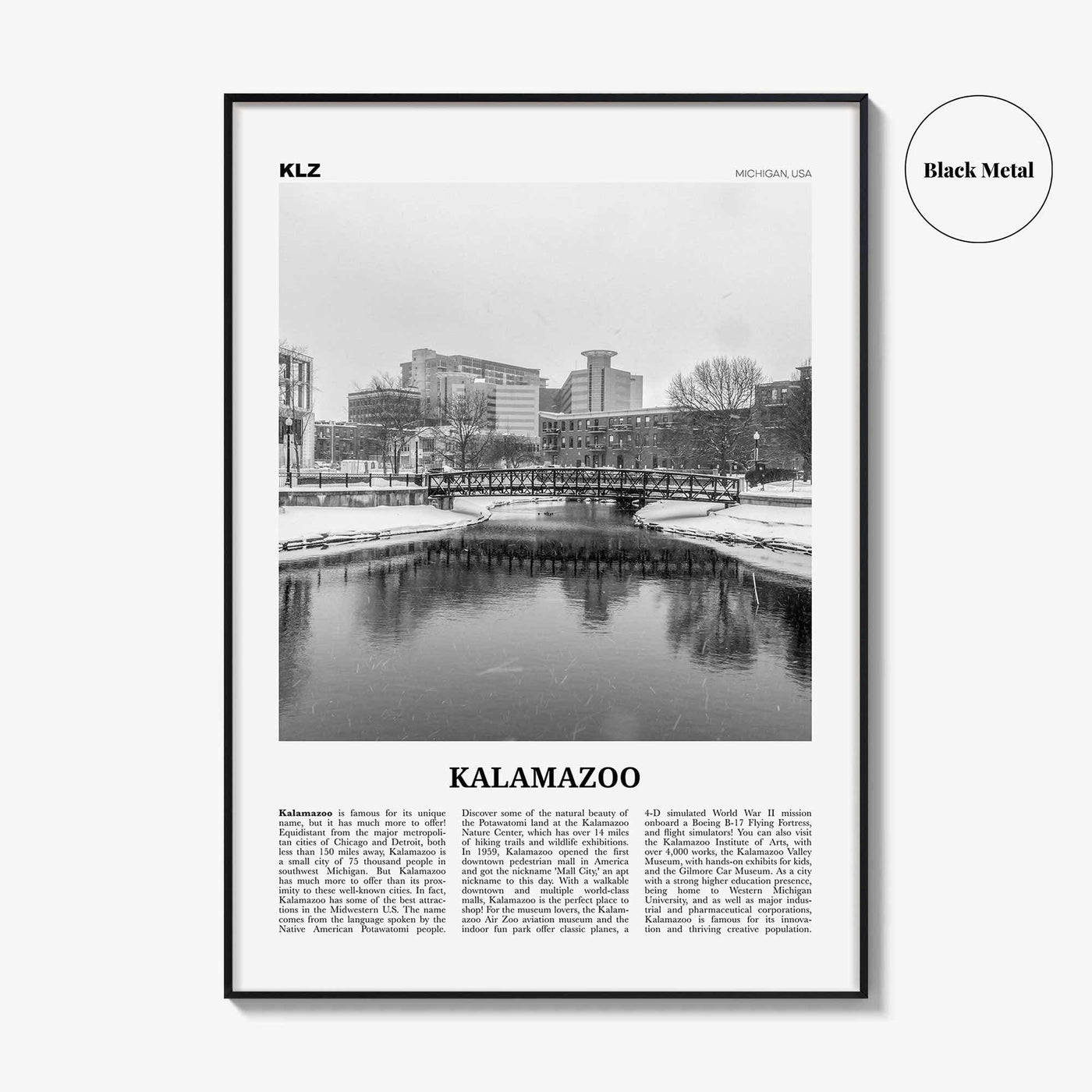 Kalamazoo Print Black and White, Kalamazoo Wall Art, Kalamazoo Poster, Kalamazoo Photo, Kalamazoo Wall Décor, Michigan, USA, United States