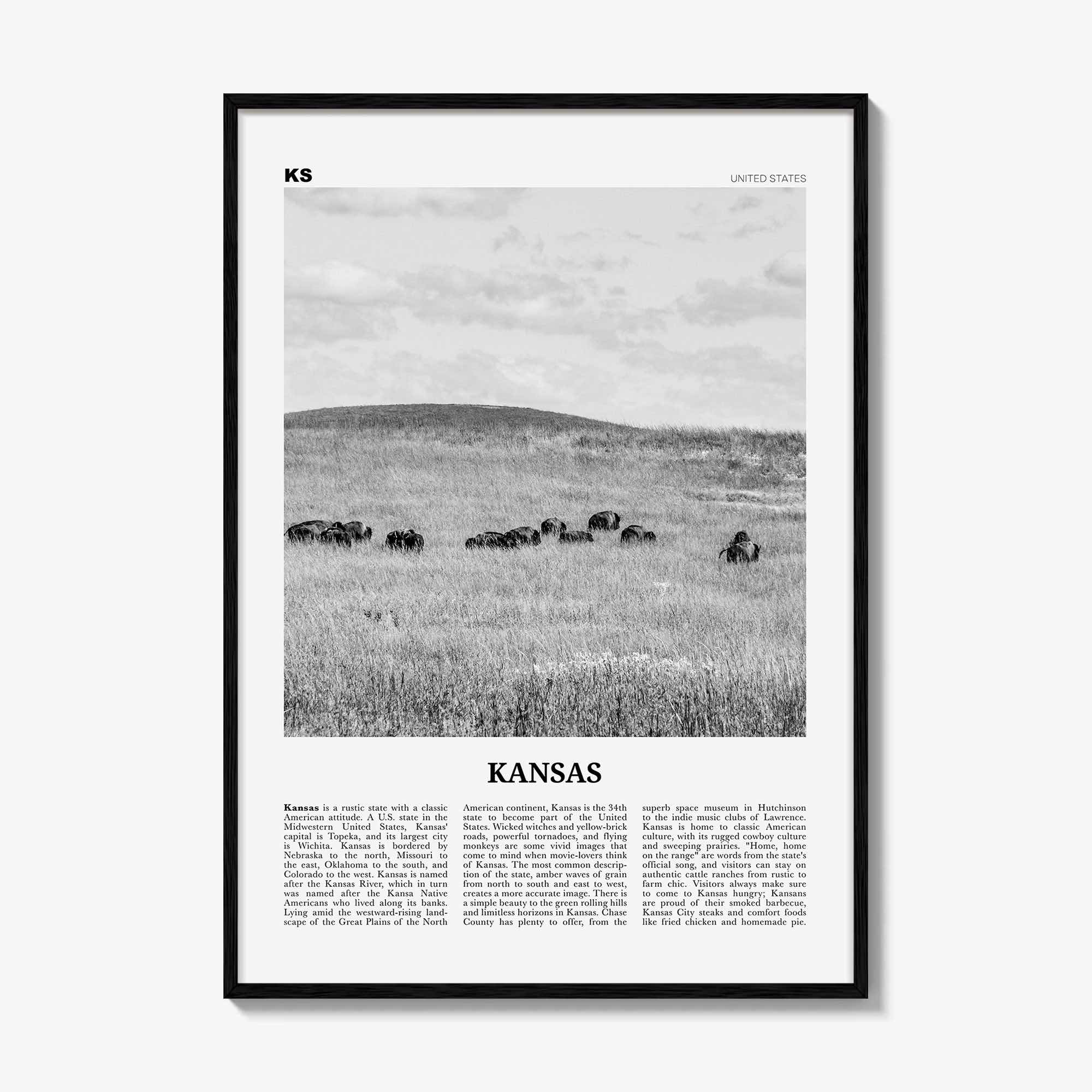 Kansas Print Black and White No 2, Kansas Wall Art, Kansas Poster, Kansas Photo, Kansas Wall Décor, Kansas Map, United States