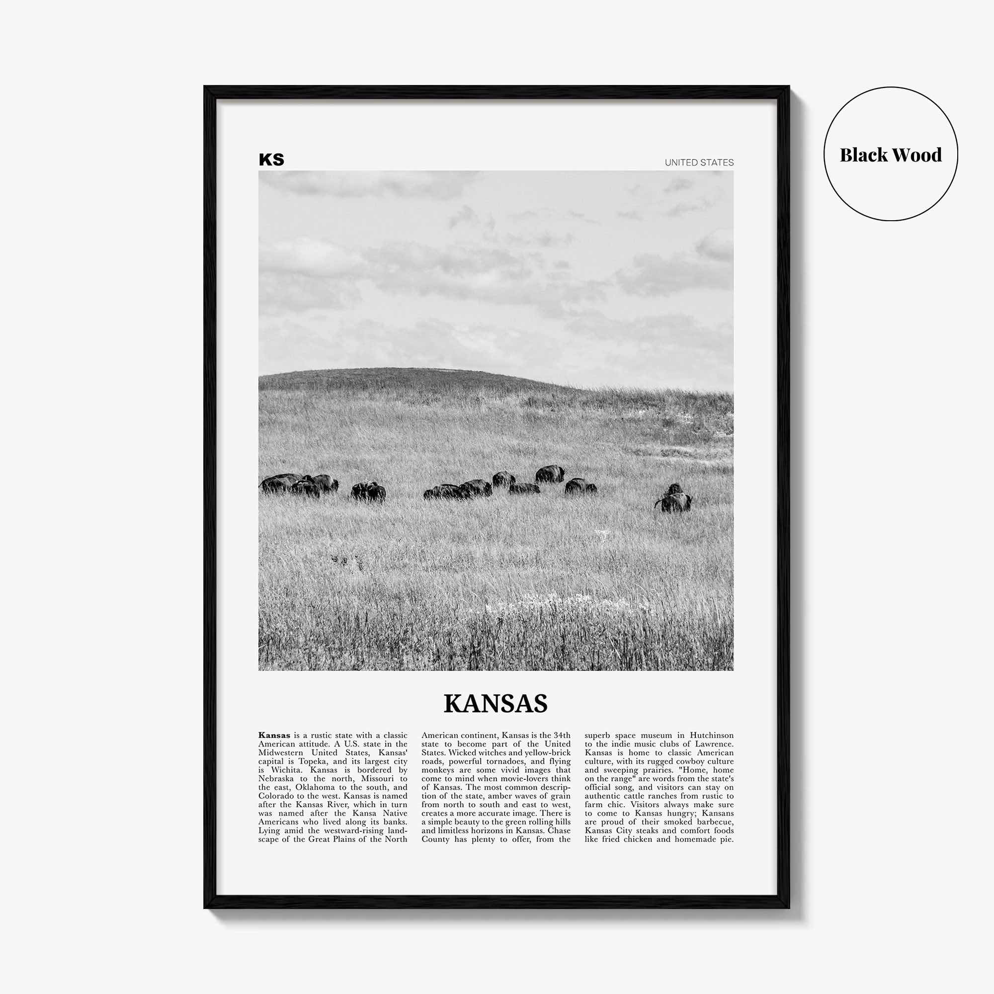 Kansas Print Black and White No 2, Kansas Wall Art, Kansas Poster, Kansas Photo, Kansas Wall Décor, Kansas Map, United States