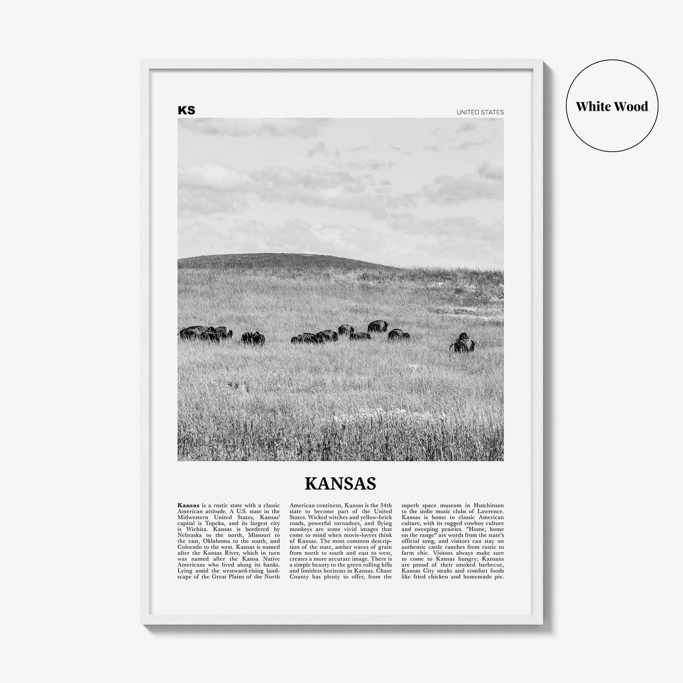 Kansas Print Black and White No 2, Kansas Wall Art, Kansas Poster, Kansas Photo, Kansas Wall Décor, Kansas Map, United States