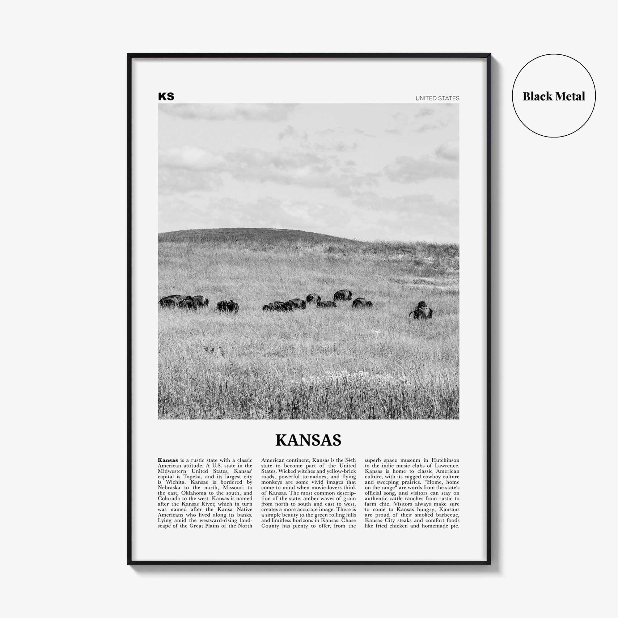 Kansas Print Black and White No 2, Kansas Wall Art, Kansas Poster, Kansas Photo, Kansas Wall Décor, Kansas Map, United States