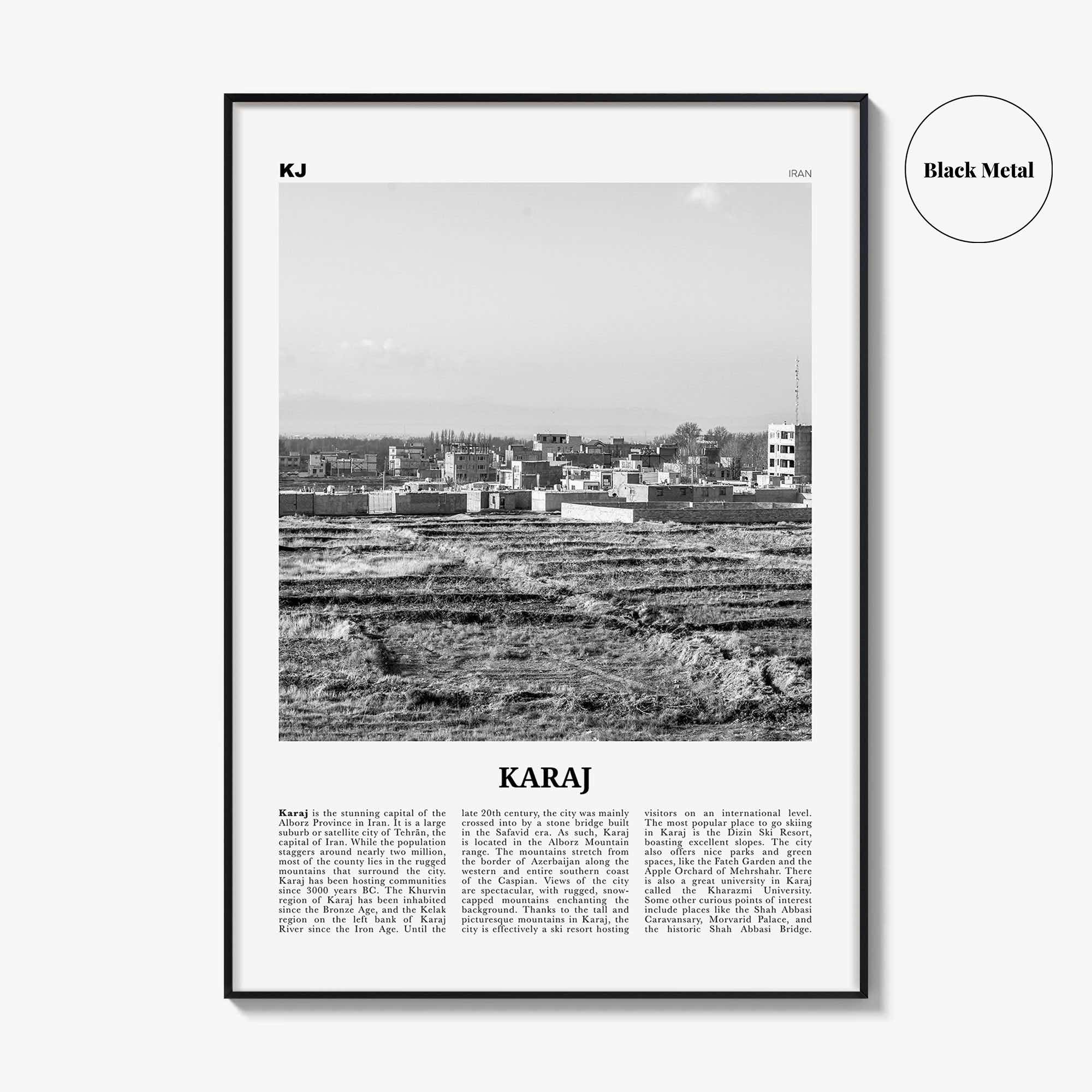 Karaj Print Black and White, Karaj Wall Art, Karaj Poster, Karaj Photo, Karaj Wall Décor, Karaj Map, Iran