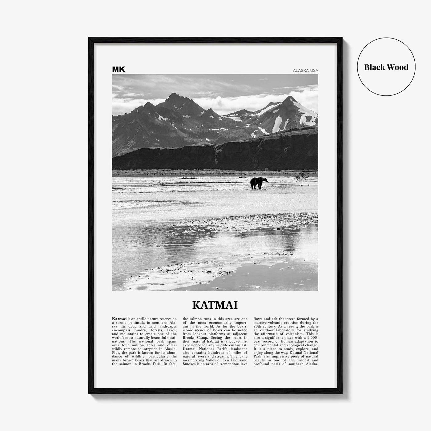 Katmai National Park Print Black and White, Katmai Wall Art, Katmai Poster, Katmai Photo, Katmai Wall Décor, Katmai Map, Alaska, USA