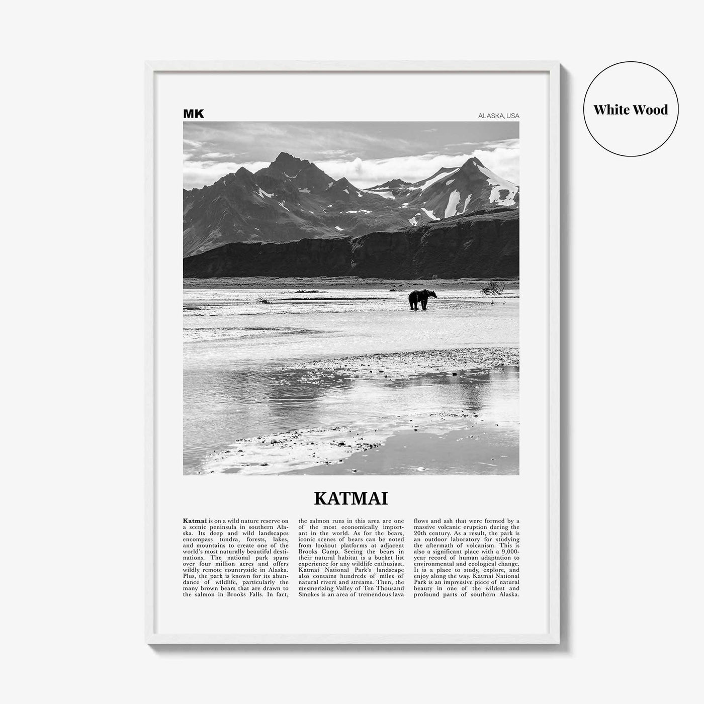 Katmai National Park Print Black and White, Katmai Wall Art, Katmai Poster, Katmai Photo, Katmai Wall Décor, Katmai Map, Alaska, USA