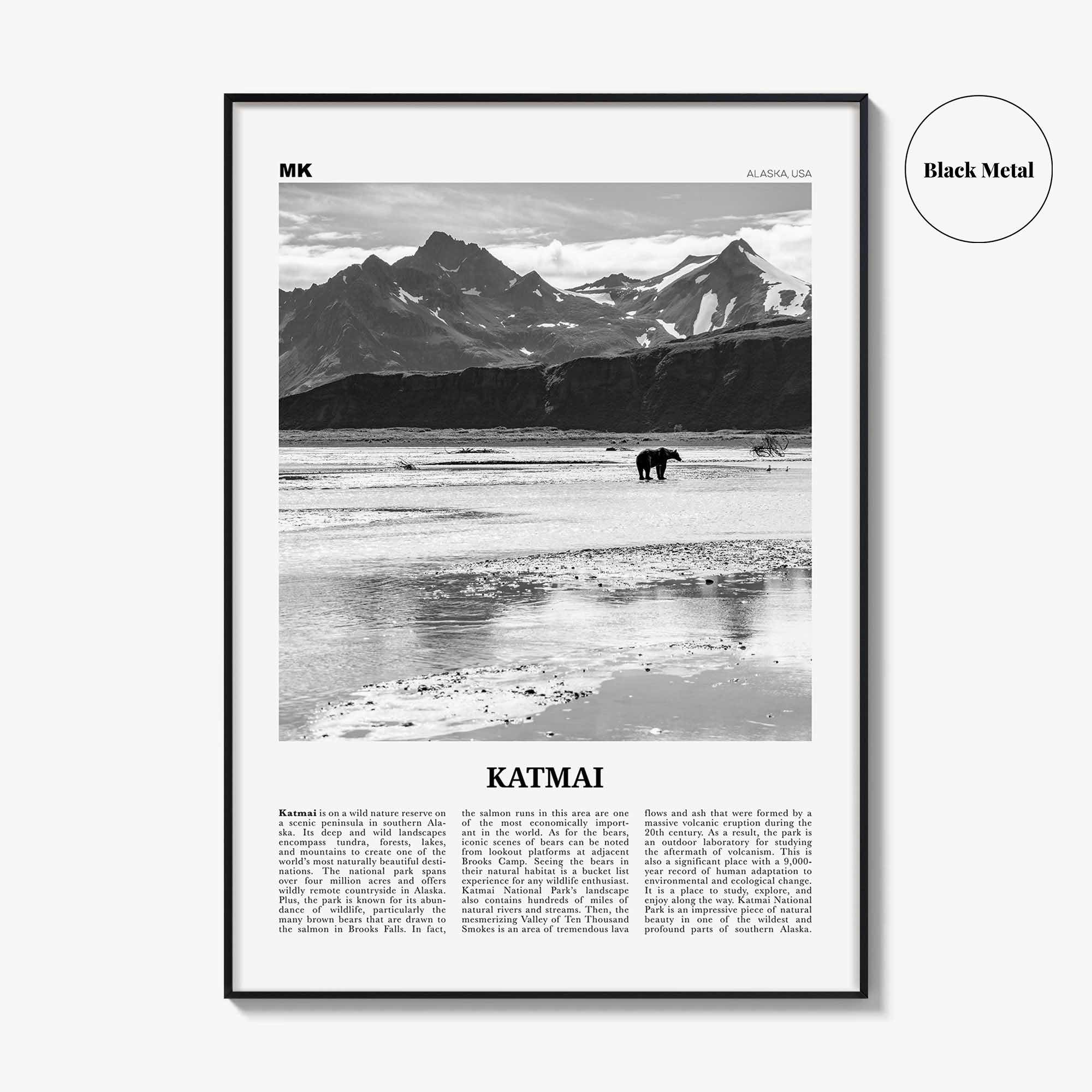 Katmai National Park Print Black and White, Katmai Wall Art, Katmai Poster, Katmai Photo, Katmai Wall Décor, Katmai Map, Alaska, USA