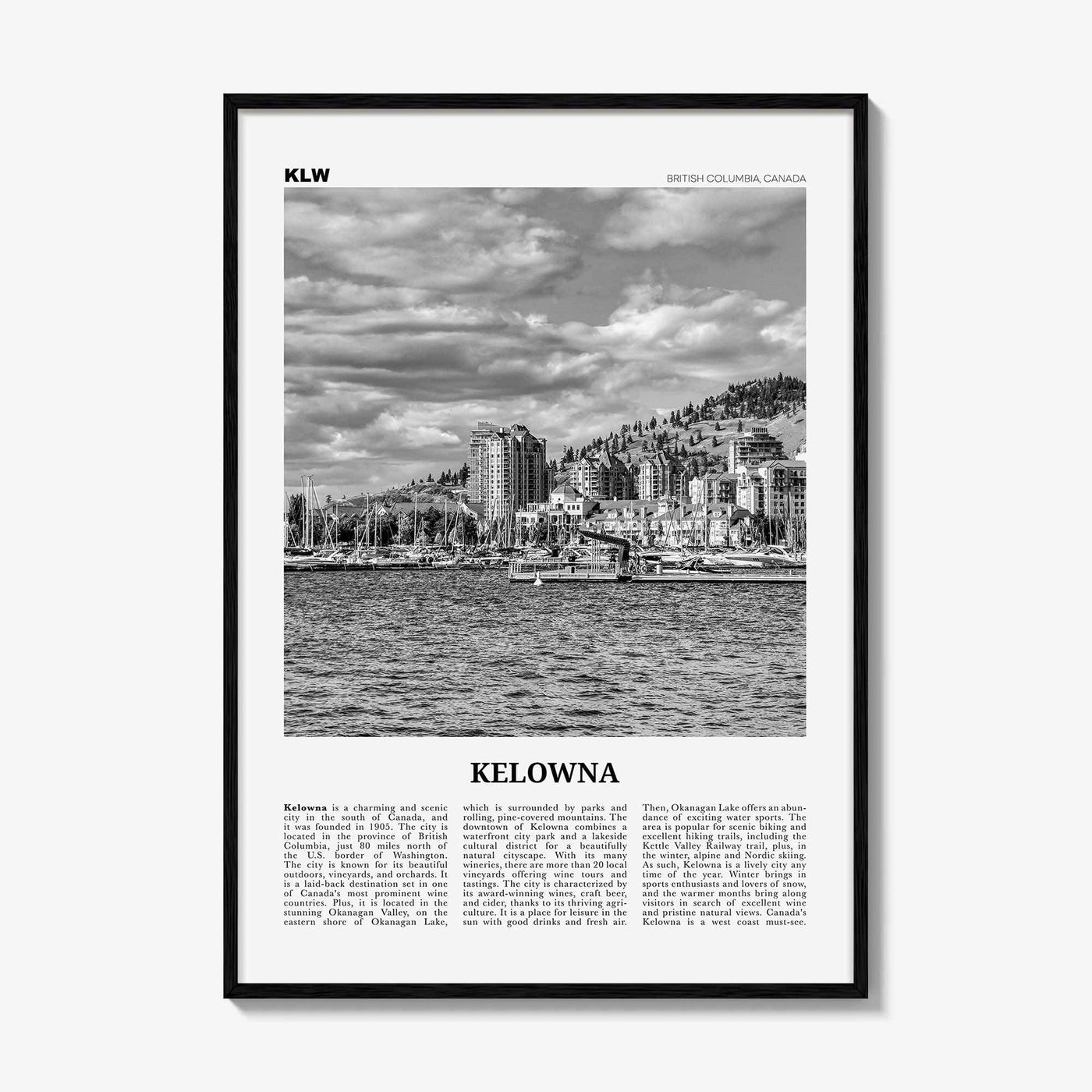 Kelowna Print Black and White, Kelowna Wall Art, Kelowna Poster, Kelowna Photo, Kelowna Wall Décor, Kelowna Map, British Columbia, Canada
