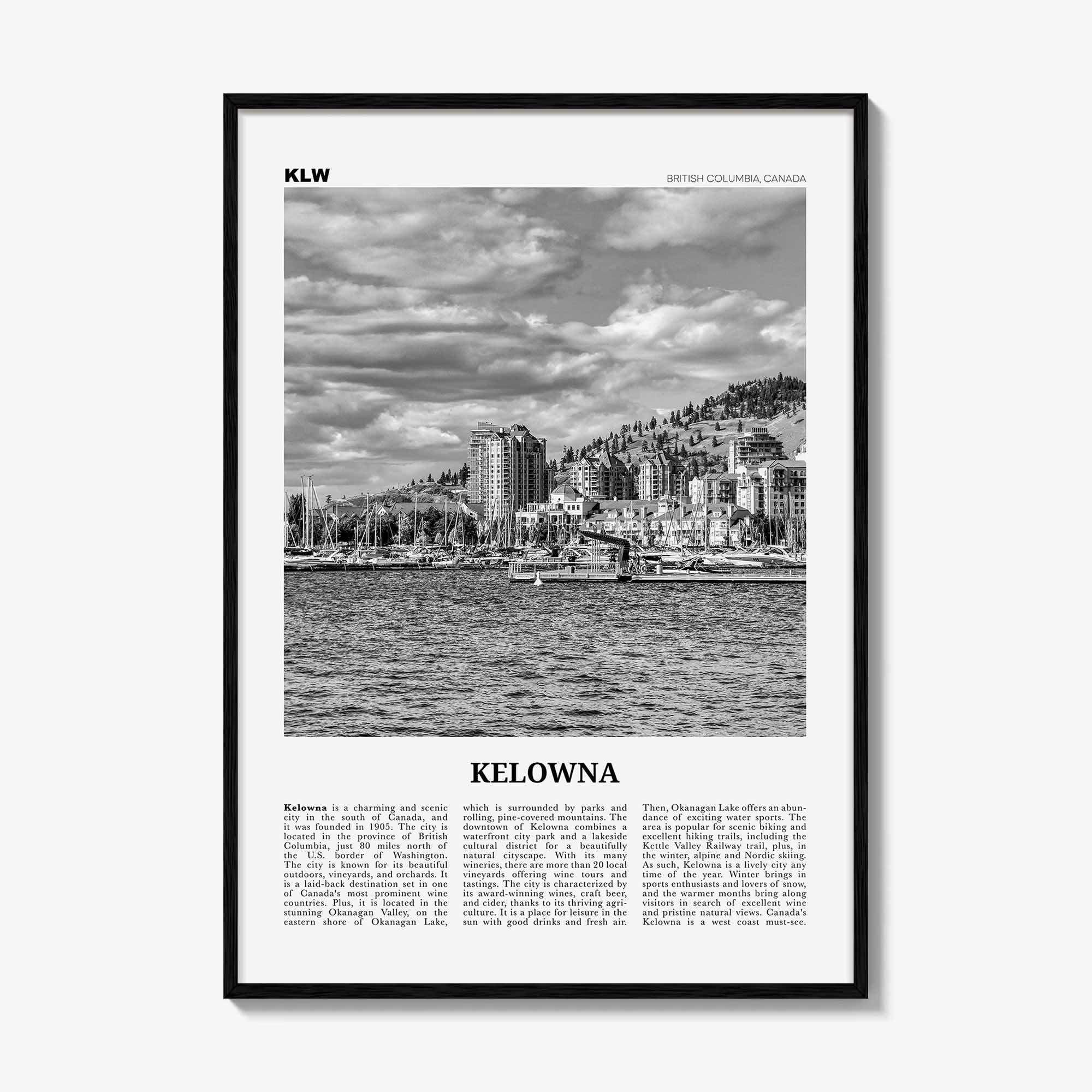 Kelowna Print Black and White, Kelowna Wall Art, Kelowna Poster, Kelowna Photo, Kelowna Wall Décor, Kelowna Map, British Columbia, Canada