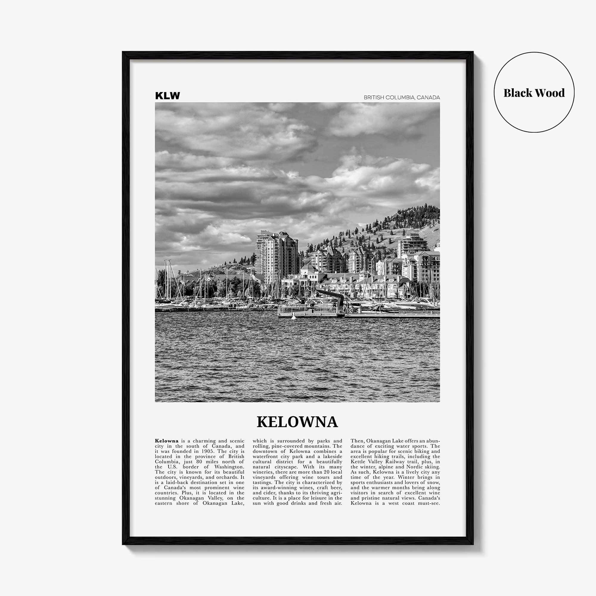 Kelowna Print Black and White, Kelowna Wall Art, Kelowna Poster, Kelowna Photo, Kelowna Wall Décor, Kelowna Map, British Columbia, Canada
