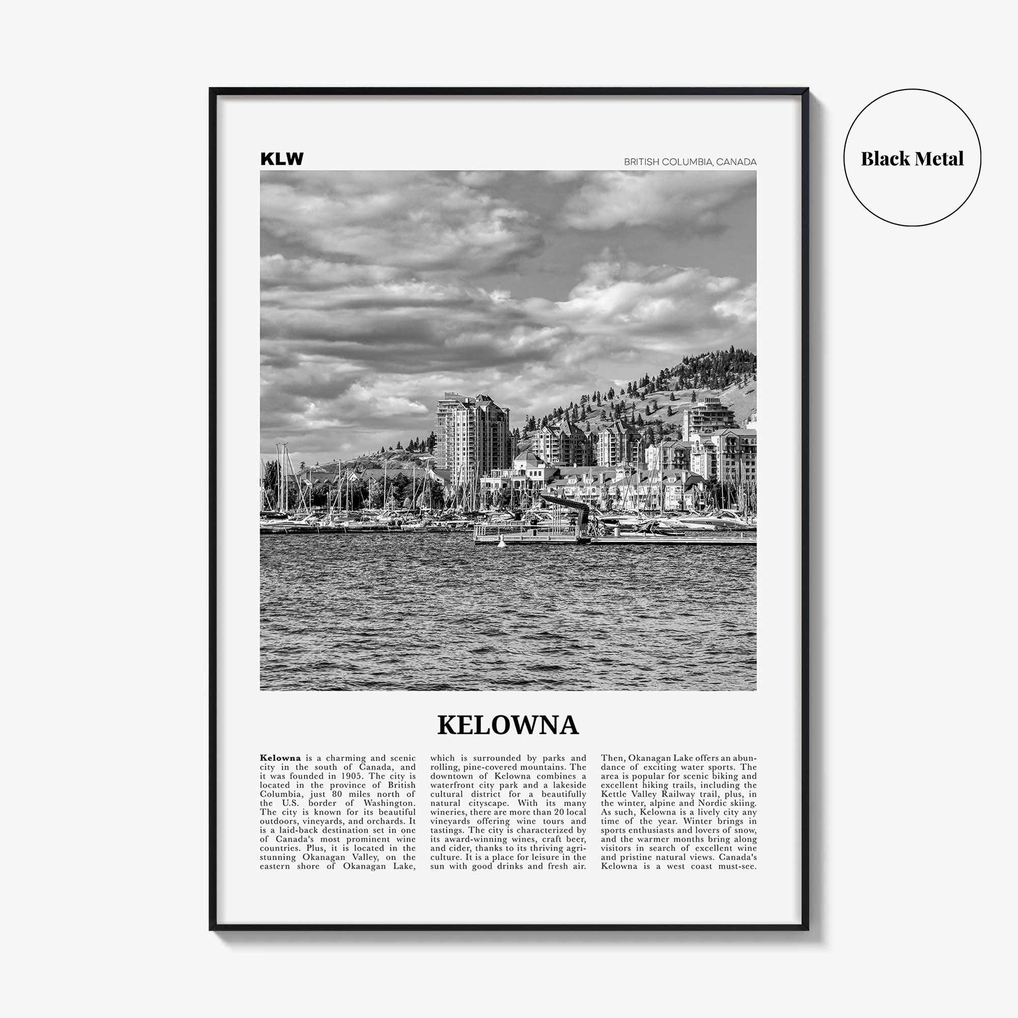Kelowna Print Black and White, Kelowna Wall Art, Kelowna Poster, Kelowna Photo, Kelowna Wall Décor, Kelowna Map, British Columbia, Canada