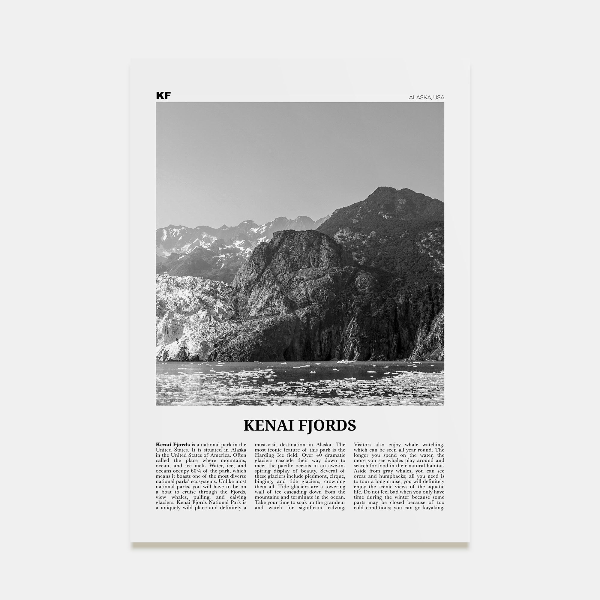 Kenai Fjords National Park Travel B&W Poster