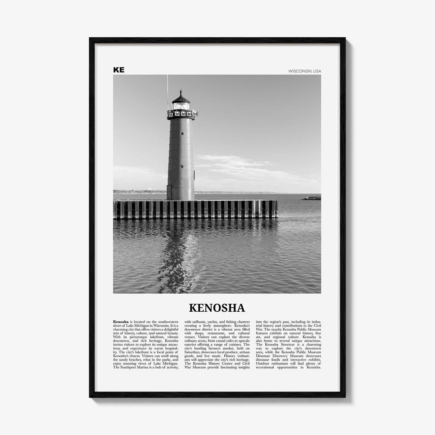 Kenosha Print Black and White, Kenosha Wall Art, Kenosha Poster, Kenosha Photo, Kenosha Wall Décor, Kenosha Map, United States