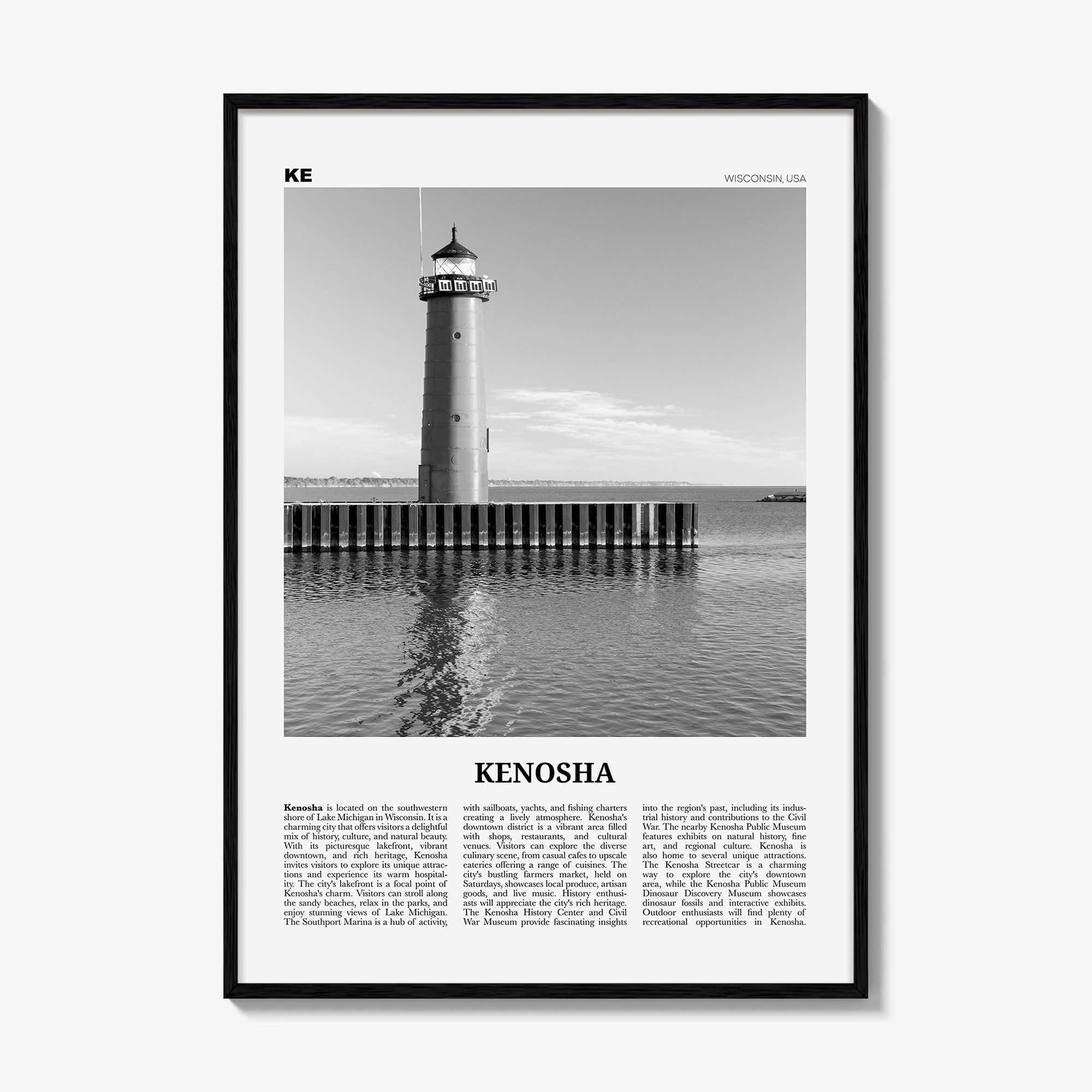 Kenosha Print Black and White, Kenosha Wall Art, Kenosha Poster, Kenosha Photo, Kenosha Wall Décor, Kenosha Map, United States