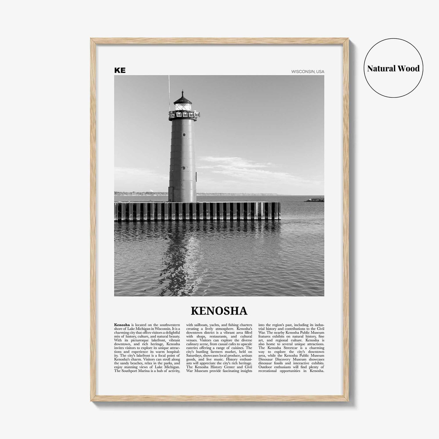 Kenosha Print Black and White, Kenosha Wall Art, Kenosha Poster, Kenosha Photo, Kenosha Wall Décor, Kenosha Map, United States