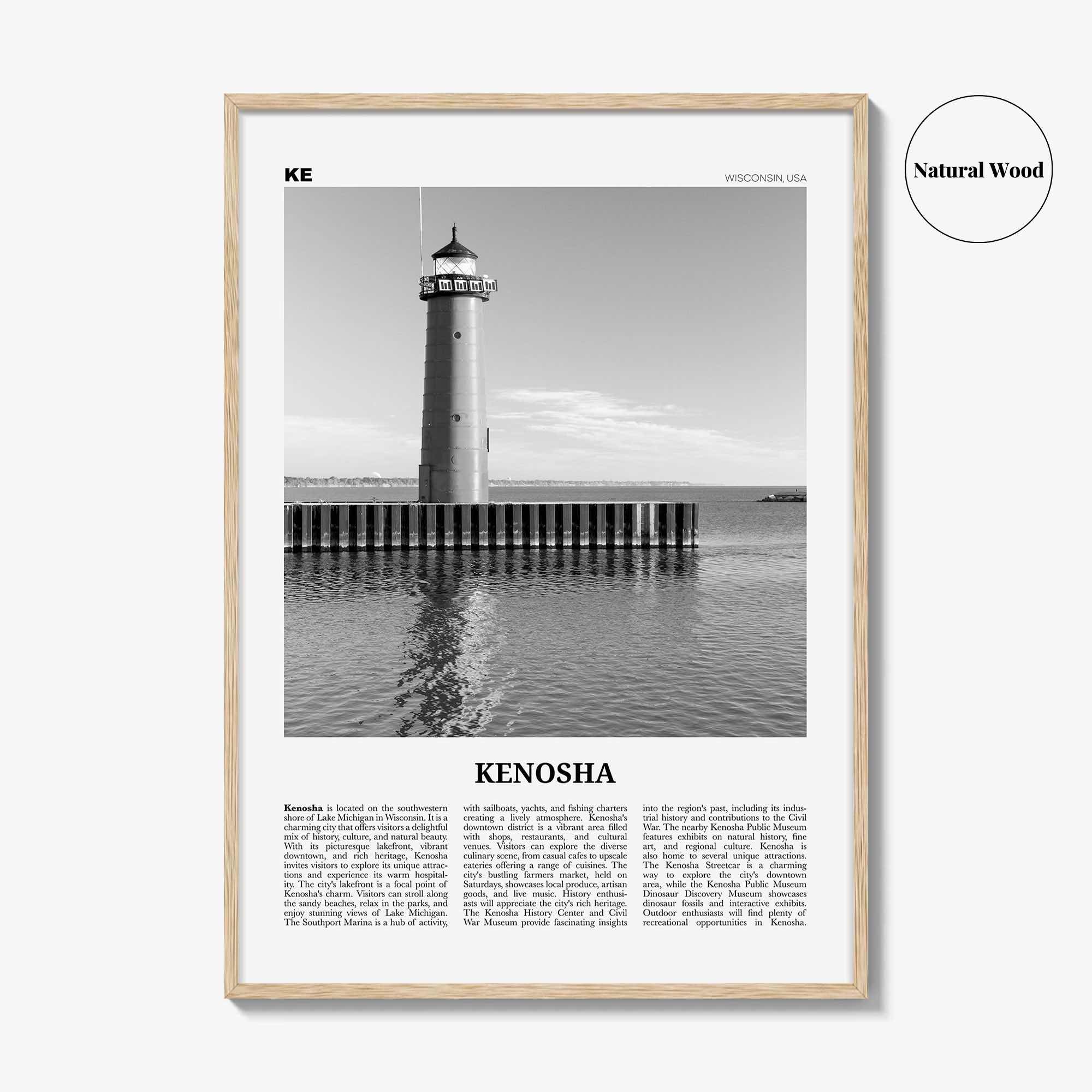 Kenosha Print Black and White, Kenosha Wall Art, Kenosha Poster, Kenosha Photo, Kenosha Wall Décor, Kenosha Map, United States