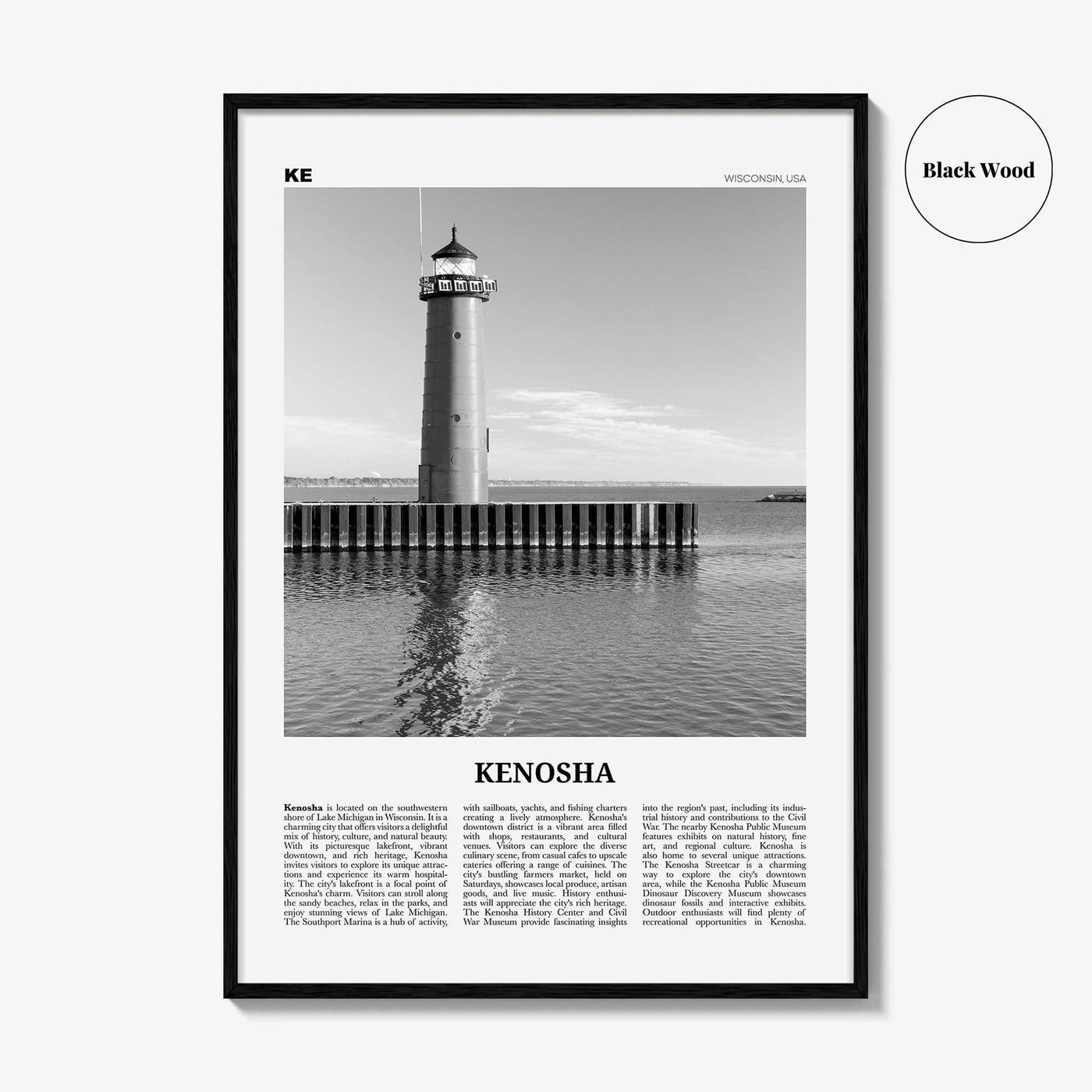 Kenosha Print Black and White, Kenosha Wall Art, Kenosha Poster, Kenosha Photo, Kenosha Wall Décor, Kenosha Map, United States