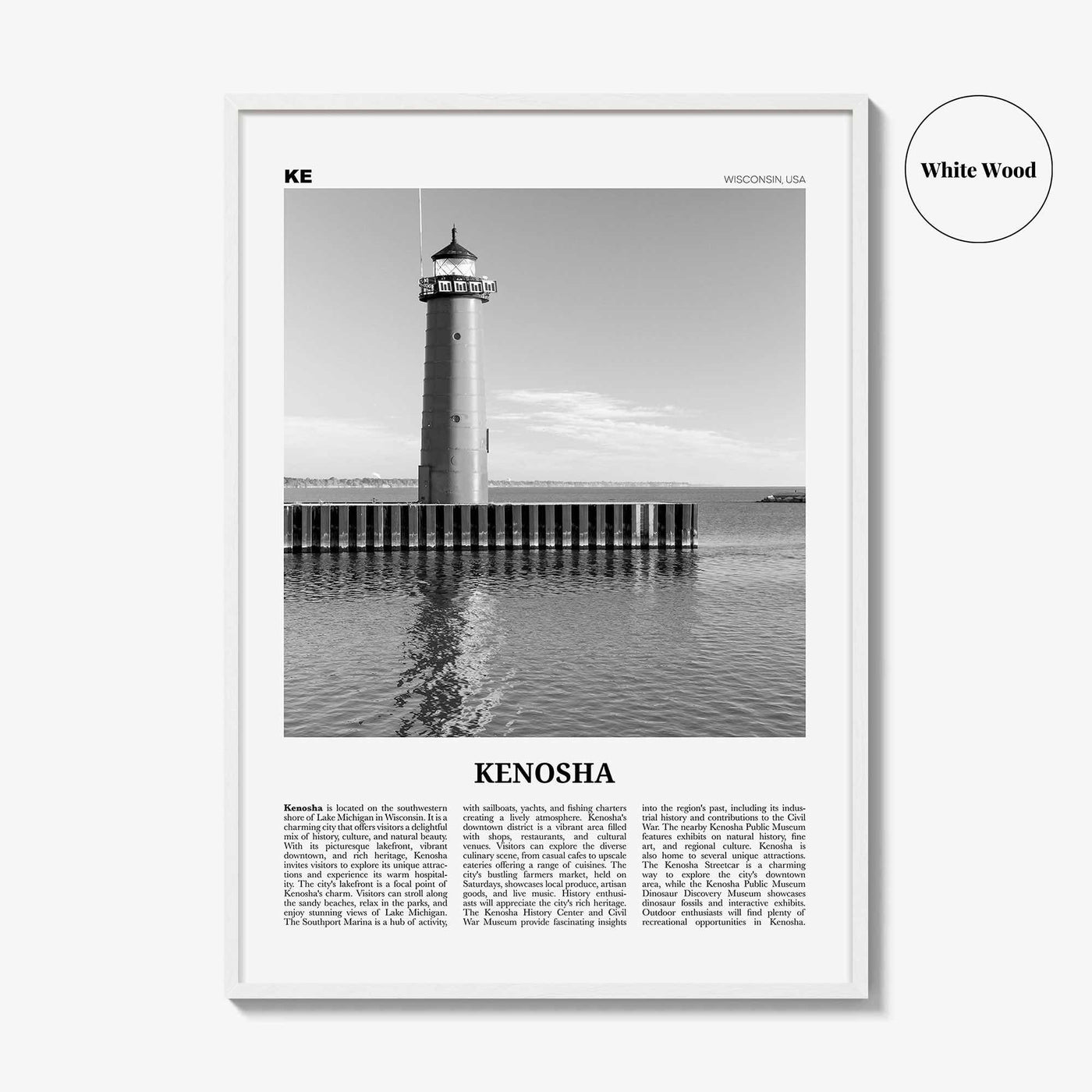 Kenosha Print Black and White, Kenosha Wall Art, Kenosha Poster, Kenosha Photo, Kenosha Wall Décor, Kenosha Map, United States