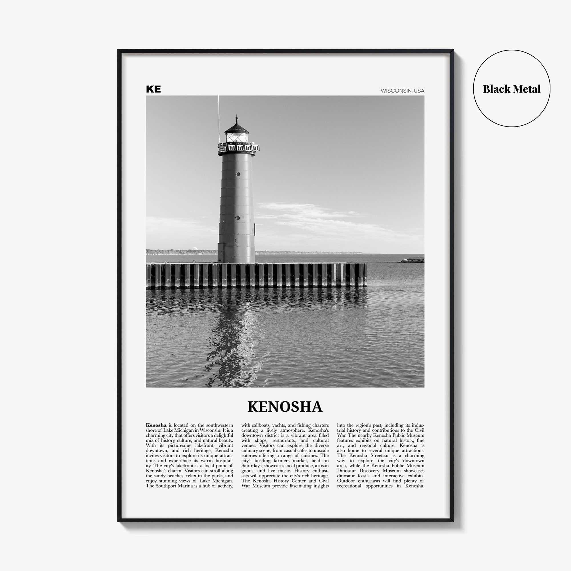 Kenosha Print Black and White, Kenosha Wall Art, Kenosha Poster, Kenosha Photo, Kenosha Wall Décor, Kenosha Map, United States