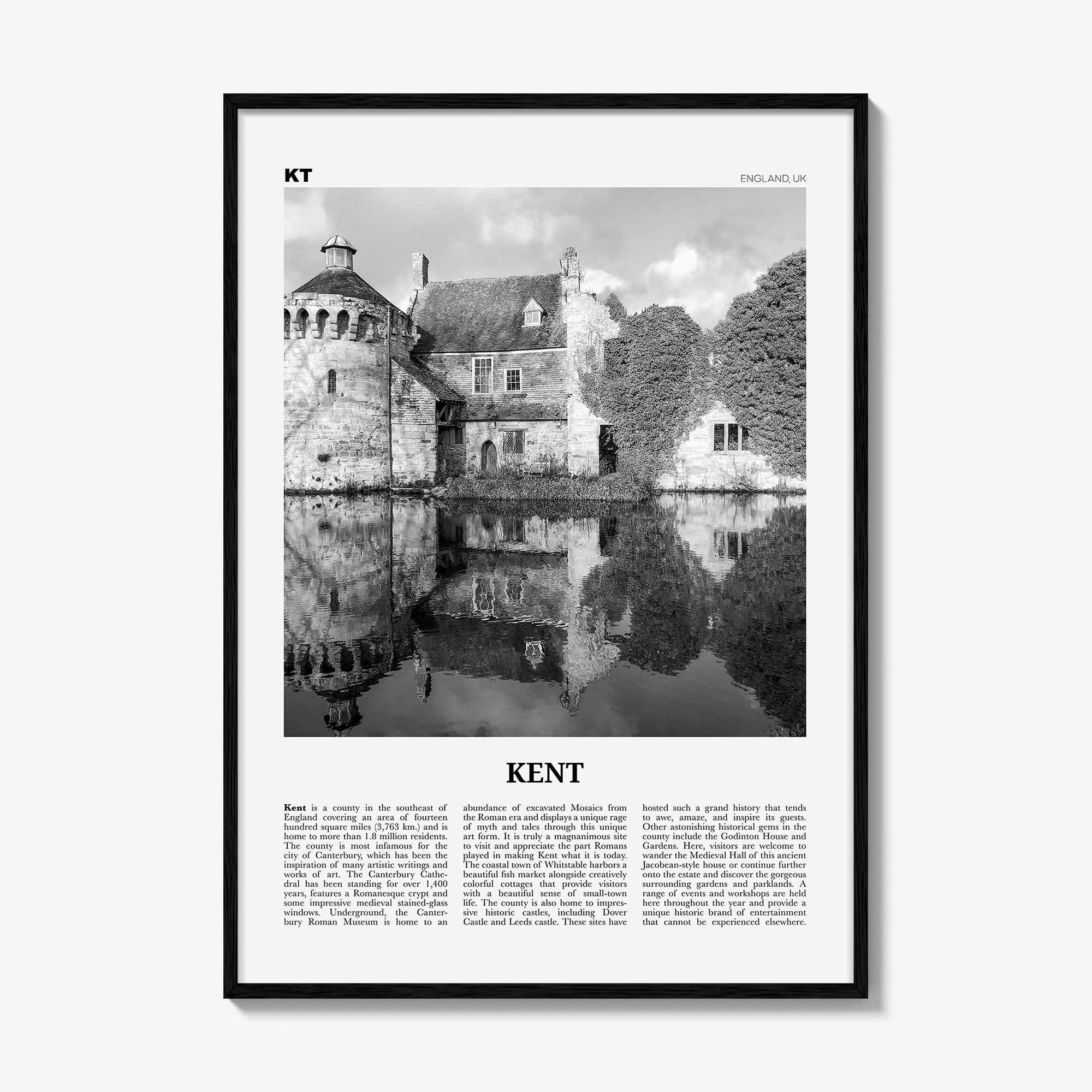 Kent Print Black and White, Kent Wall Art, Kent Poster, Kent Photo, Kent Map, England, UK, United Kingdom