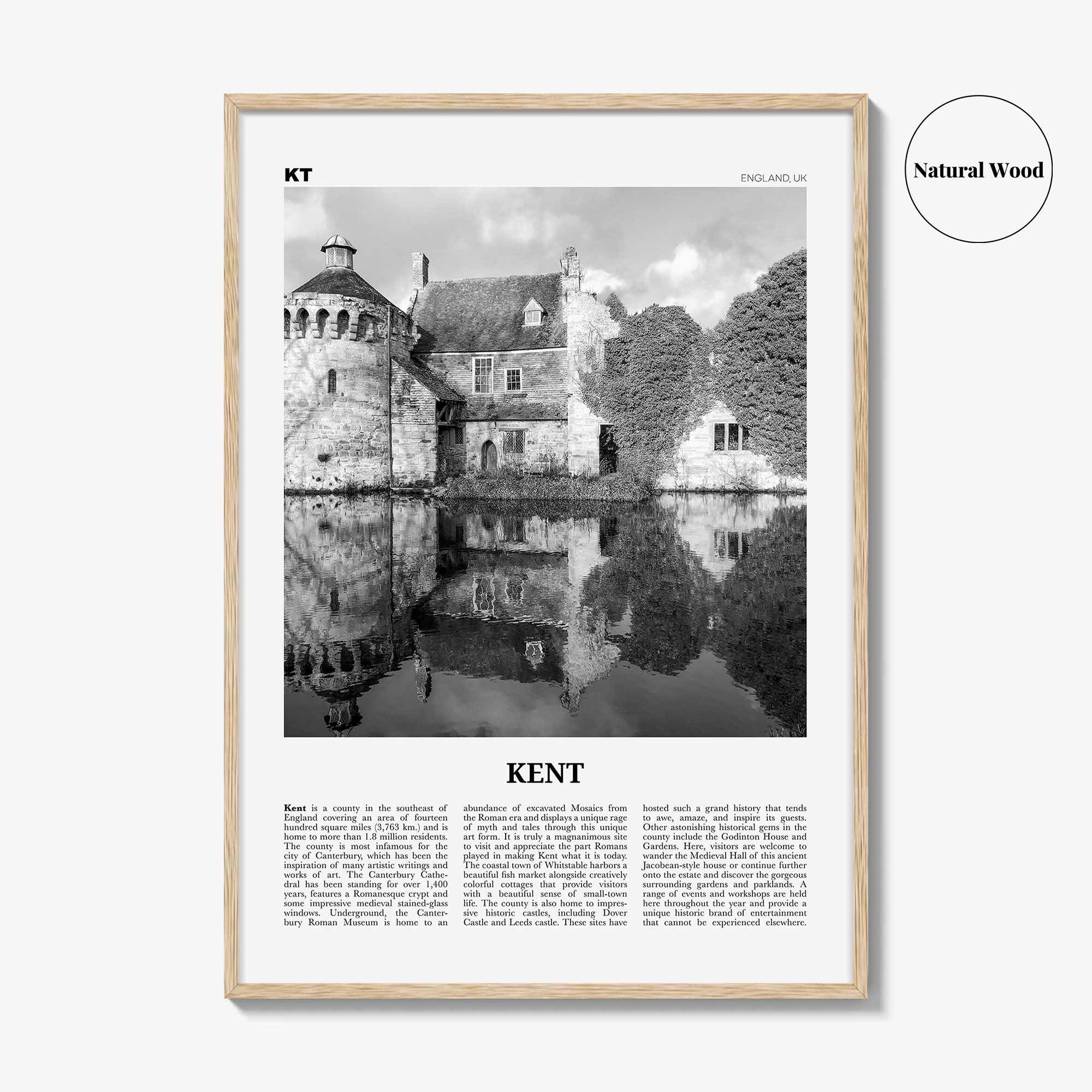 Kent Print Black and White, Kent Wall Art, Kent Poster, Kent Photo, Kent Map, England, UK, United Kingdom