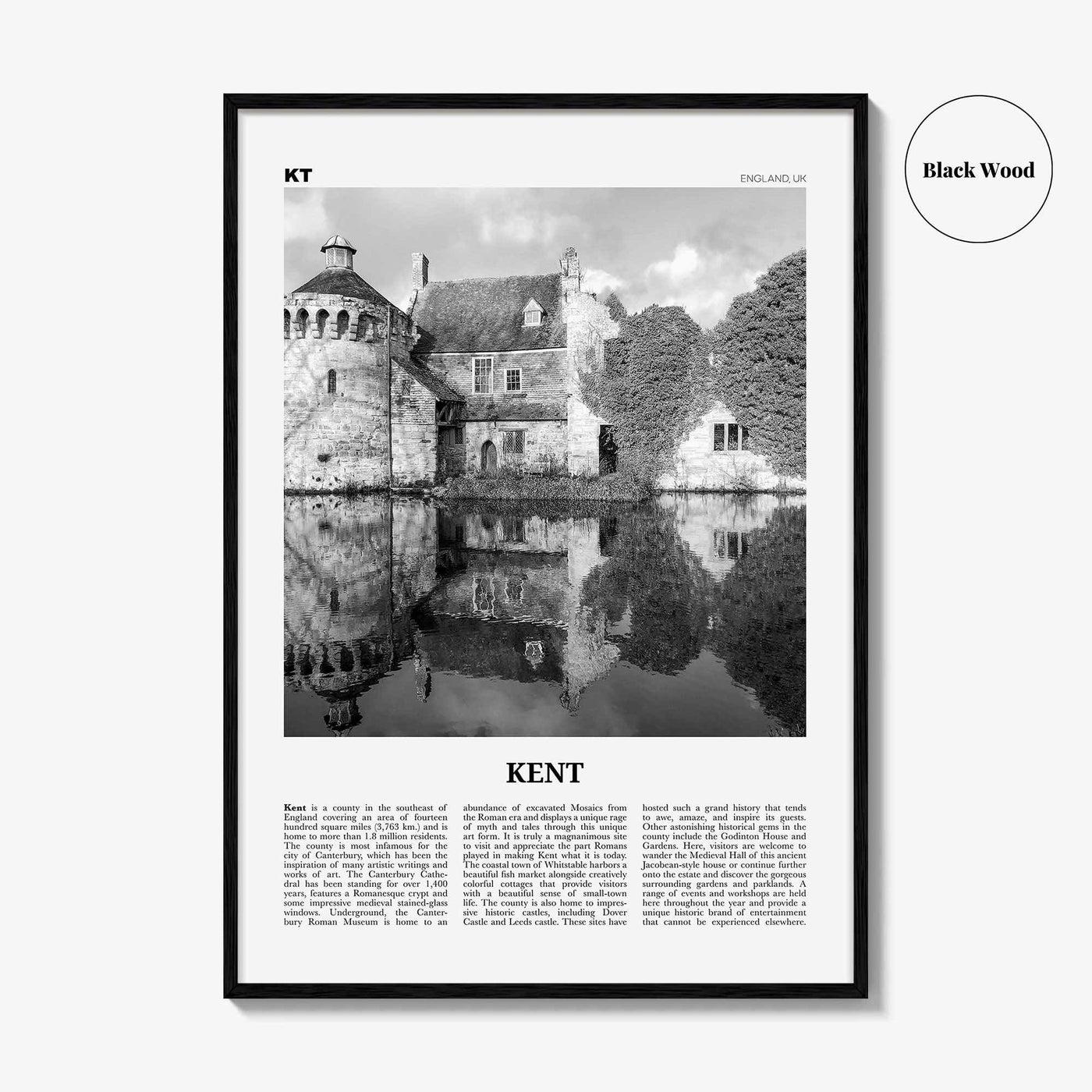 Kent Print Black and White, Kent Wall Art, Kent Poster, Kent Photo, Kent Map, England, UK, United Kingdom
