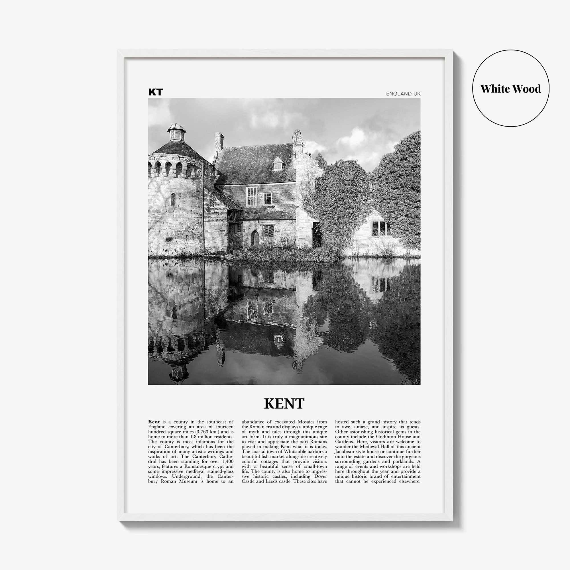 Kent Print Black and White, Kent Wall Art, Kent Poster, Kent Photo, Kent Map, England, UK, United Kingdom