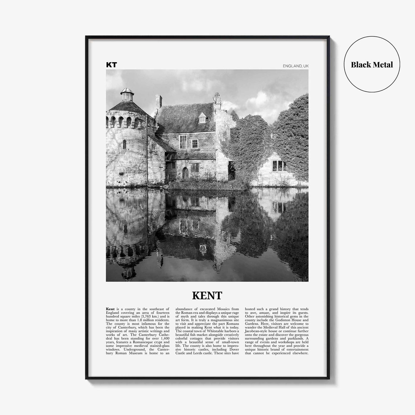 Kent Print Black and White, Kent Wall Art, Kent Poster, Kent Photo, Kent Map, England, UK, United Kingdom