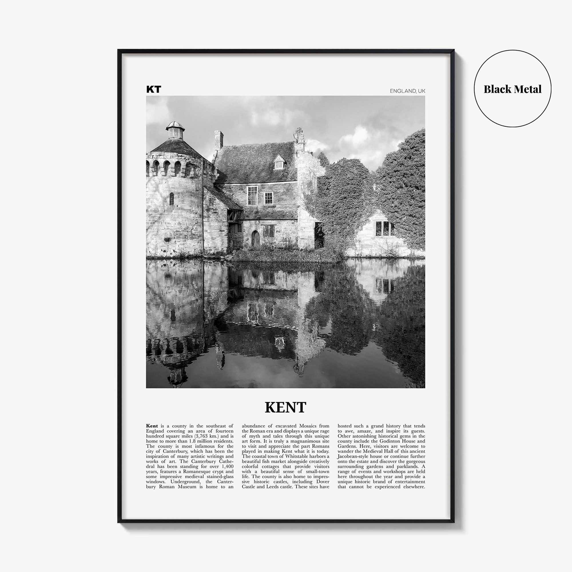 Kent Print Black and White, Kent Wall Art, Kent Poster, Kent Photo, Kent Map, England, UK, United Kingdom