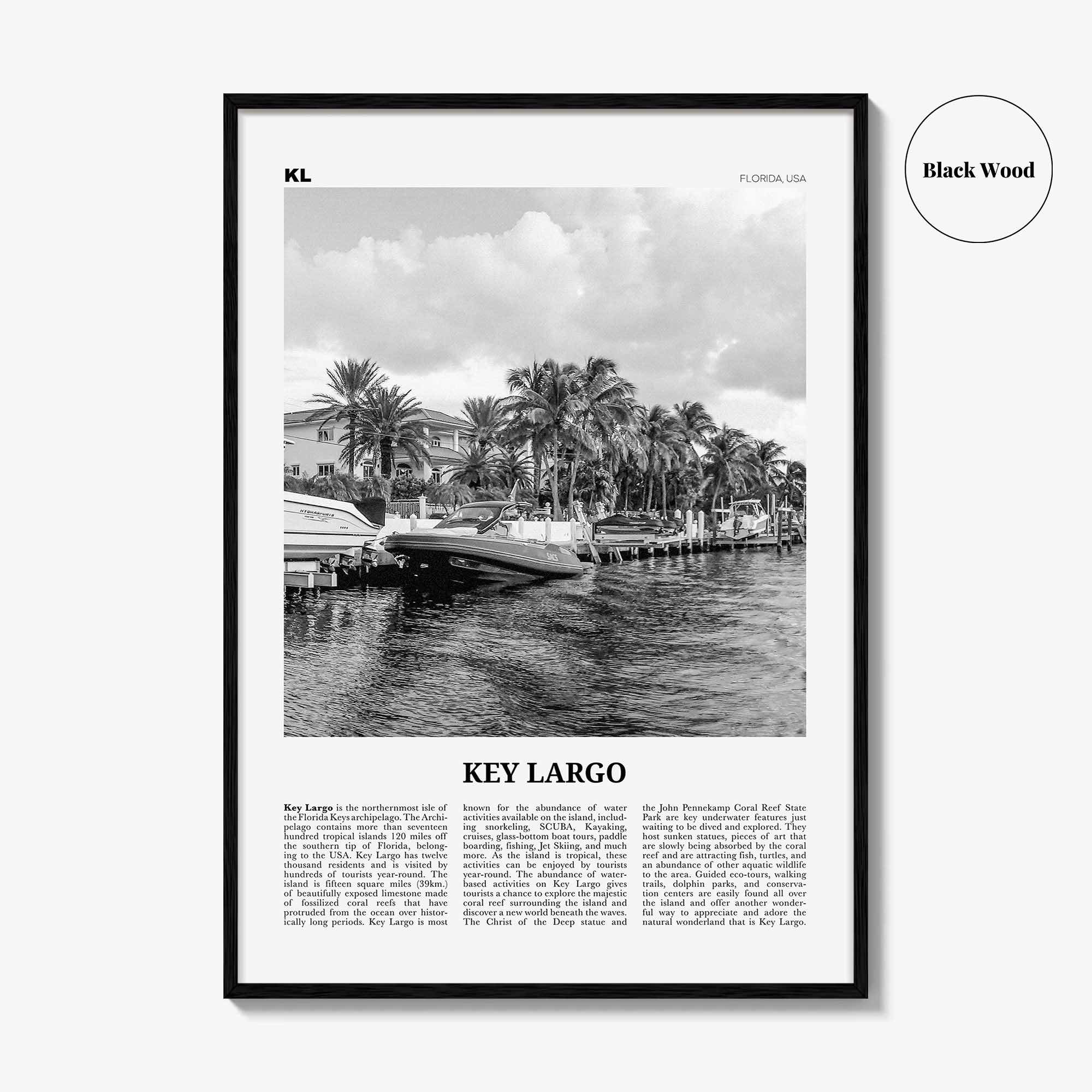 Key Largo Print Black and White, Key Largo Wall Art, Key Largo Poster, Key Largo Photo, Key Largo Map, Florida, USA, United States