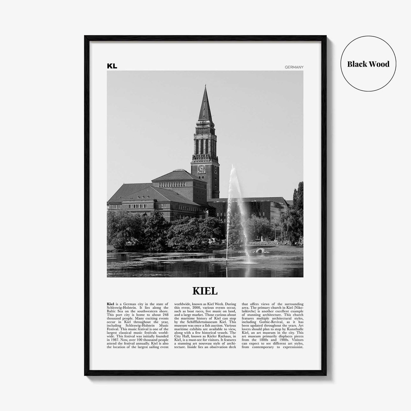 Kiel Print Black and White, Kiel Wall Art, Kiel Poster, Kiel Photo, Kiel Wall Décor, Kiel Map, Germany