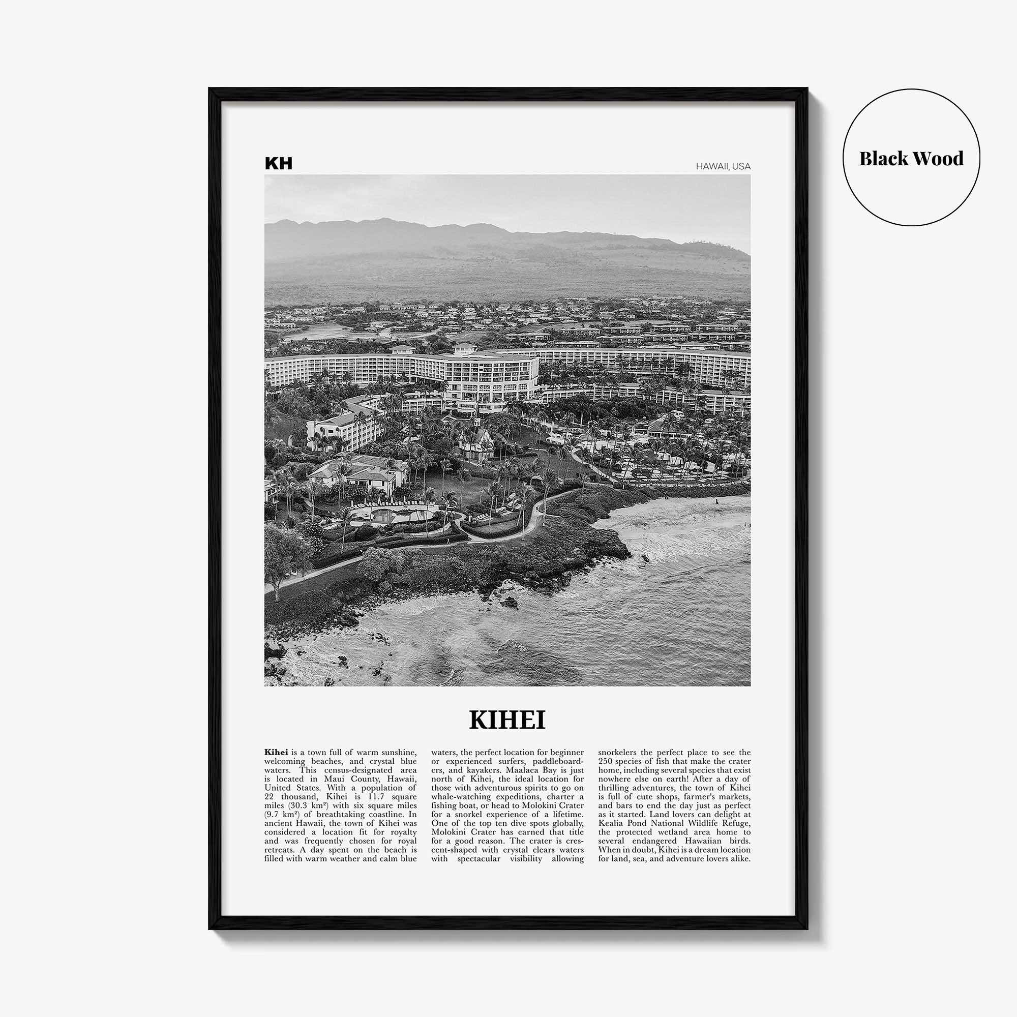 Kihei Print Black and White, Kihei Wall Art, Kihei Poster, Kihei Photo, Kihei Wall Décor, Hawaii, USA, United States, North America