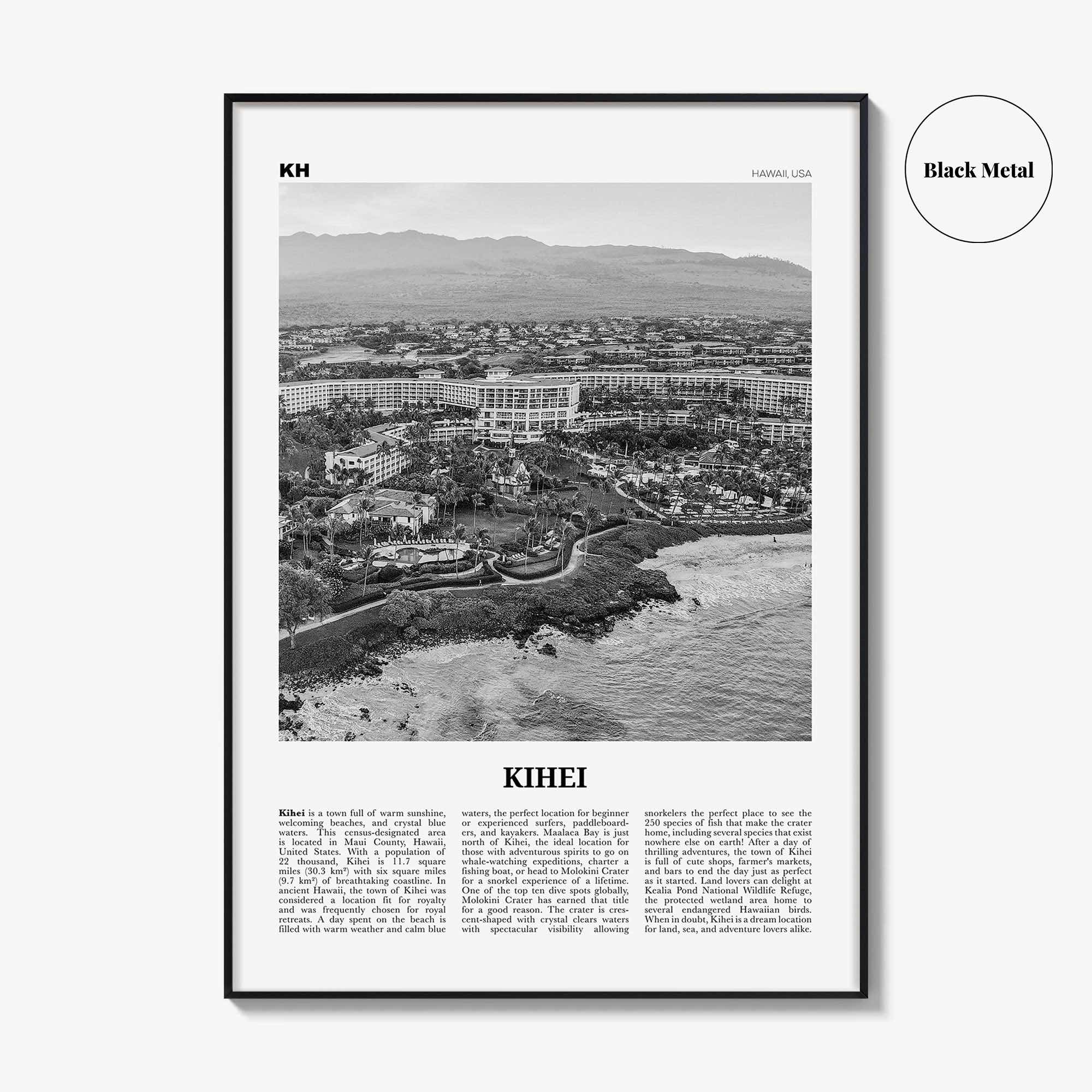 Kihei Print Black and White, Kihei Wall Art, Kihei Poster, Kihei Photo, Kihei Wall Décor, Hawaii, USA, United States, North America