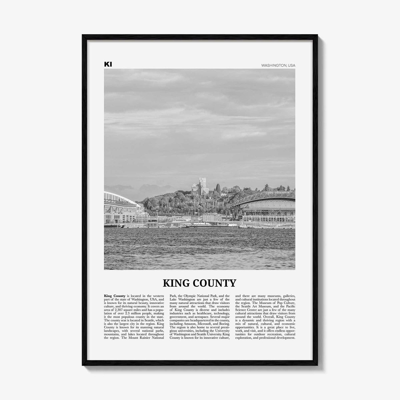 King County Print Black and White, King County Wall Art, King Poster, King County Photo, King Wall Décor, King County Map, Washington, USA