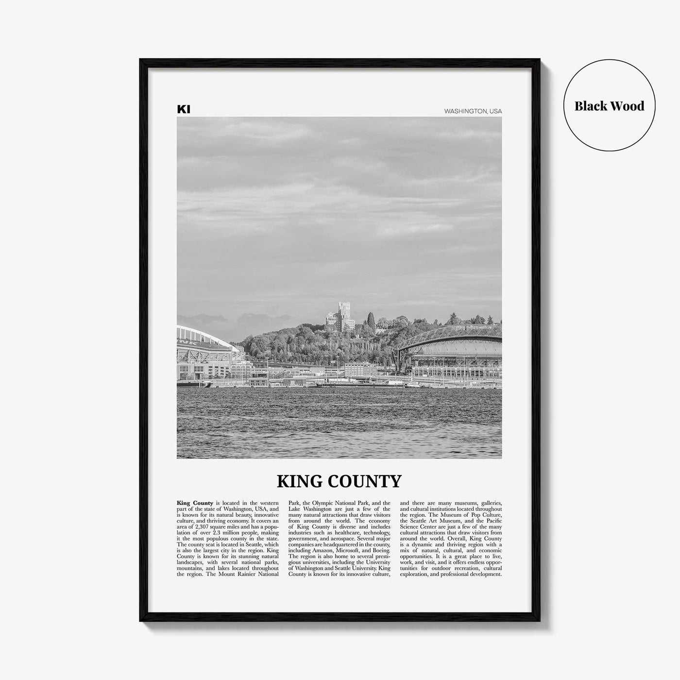 King County Print Black and White, King County Wall Art, King Poster, King County Photo, King Wall Décor, King County Map, Washington, USA