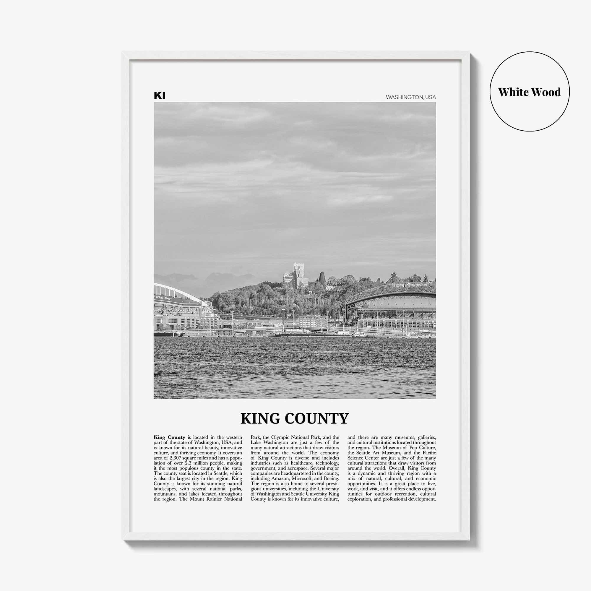 King County Print Black and White, King County Wall Art, King Poster, King County Photo, King Wall Décor, King County Map, Washington, USA