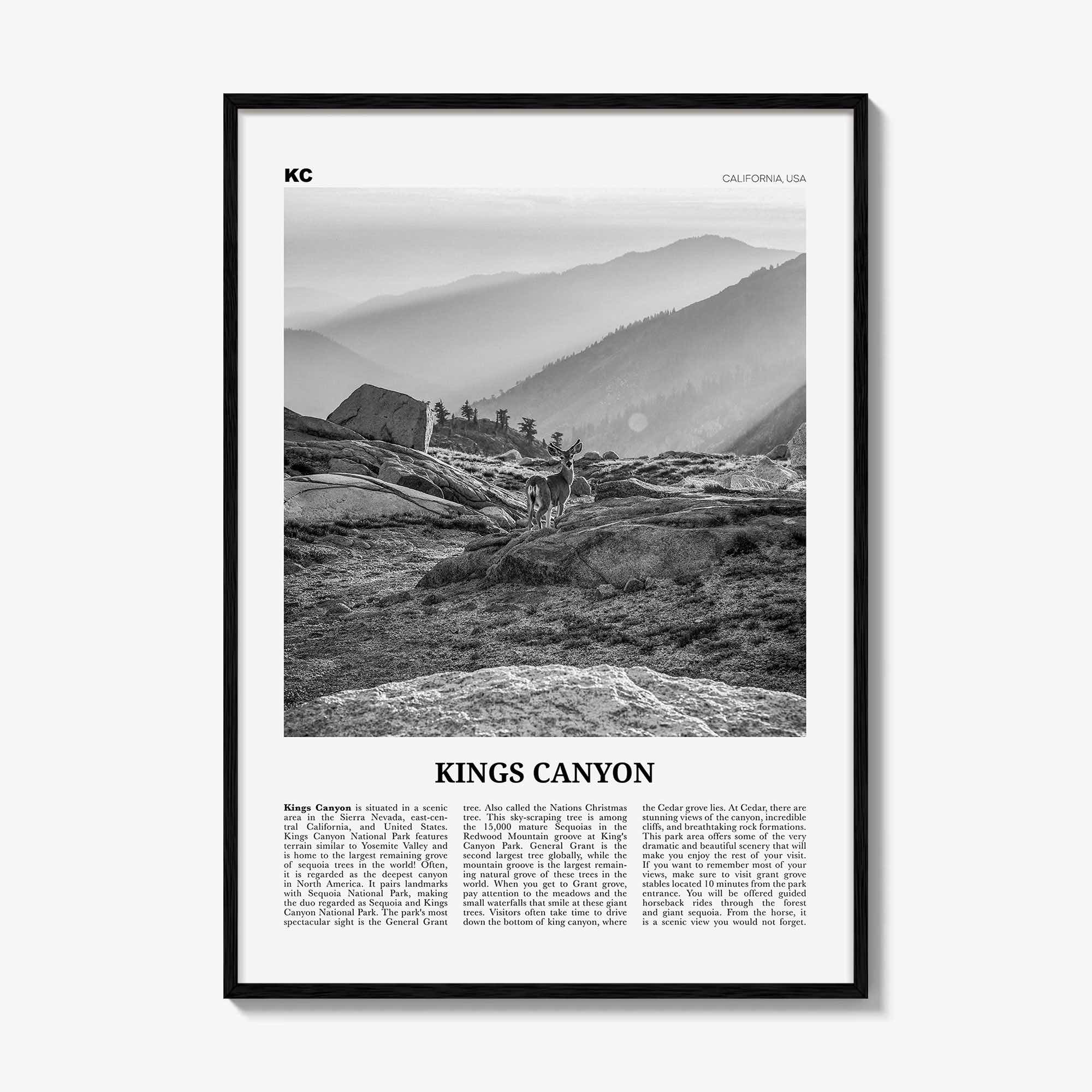 Kings Canyon National Park Print Black and White, Kings Canyon Wall Art, Kings Canyon Poster, Kings Canyon Photo, California, USA