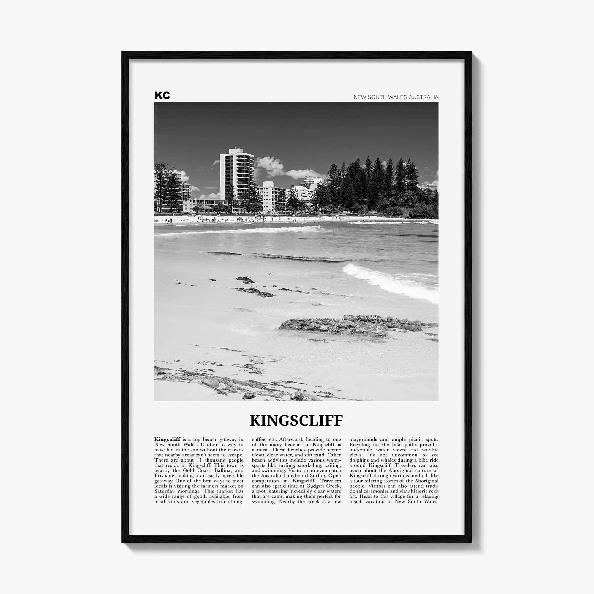Kingscliff Print Black and White, Kingscliff Wall Art, Kingscliff Poster, Kingscliff Photo, Kingscliff Wall Décor, Kingscliff Map, Australia